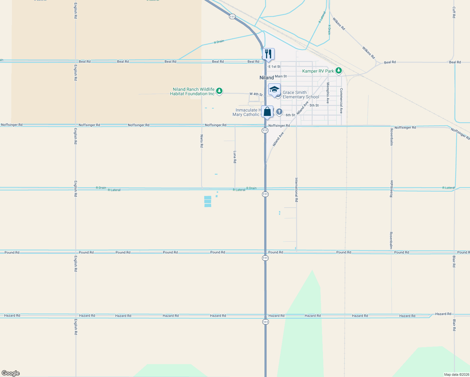 map of restaurants, bars, coffee shops, grocery stores, and more near 7900 Luna Road in Calipatria