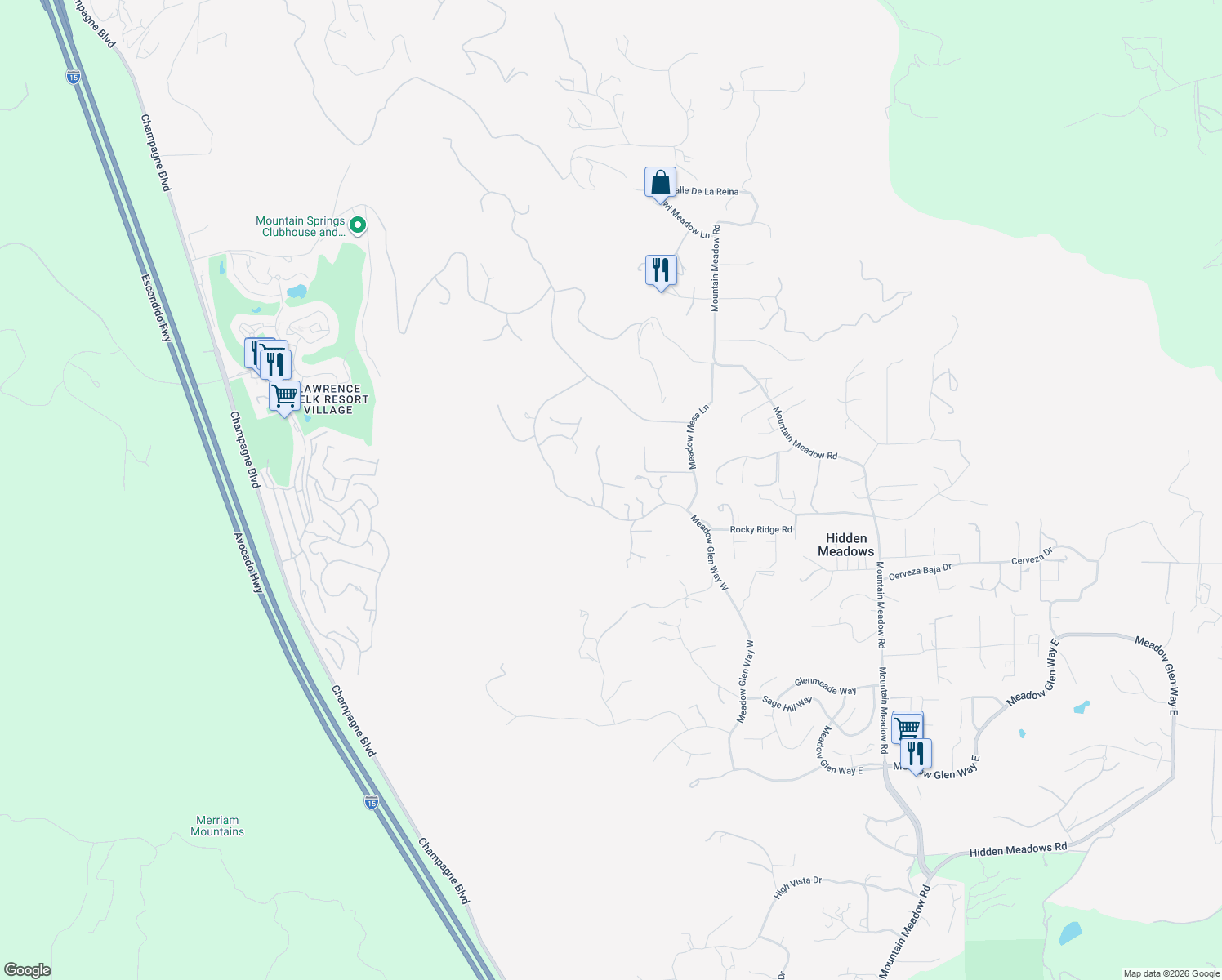 map of restaurants, bars, coffee shops, grocery stores, and more near 29157 Crystal Ridge Court in Escondido