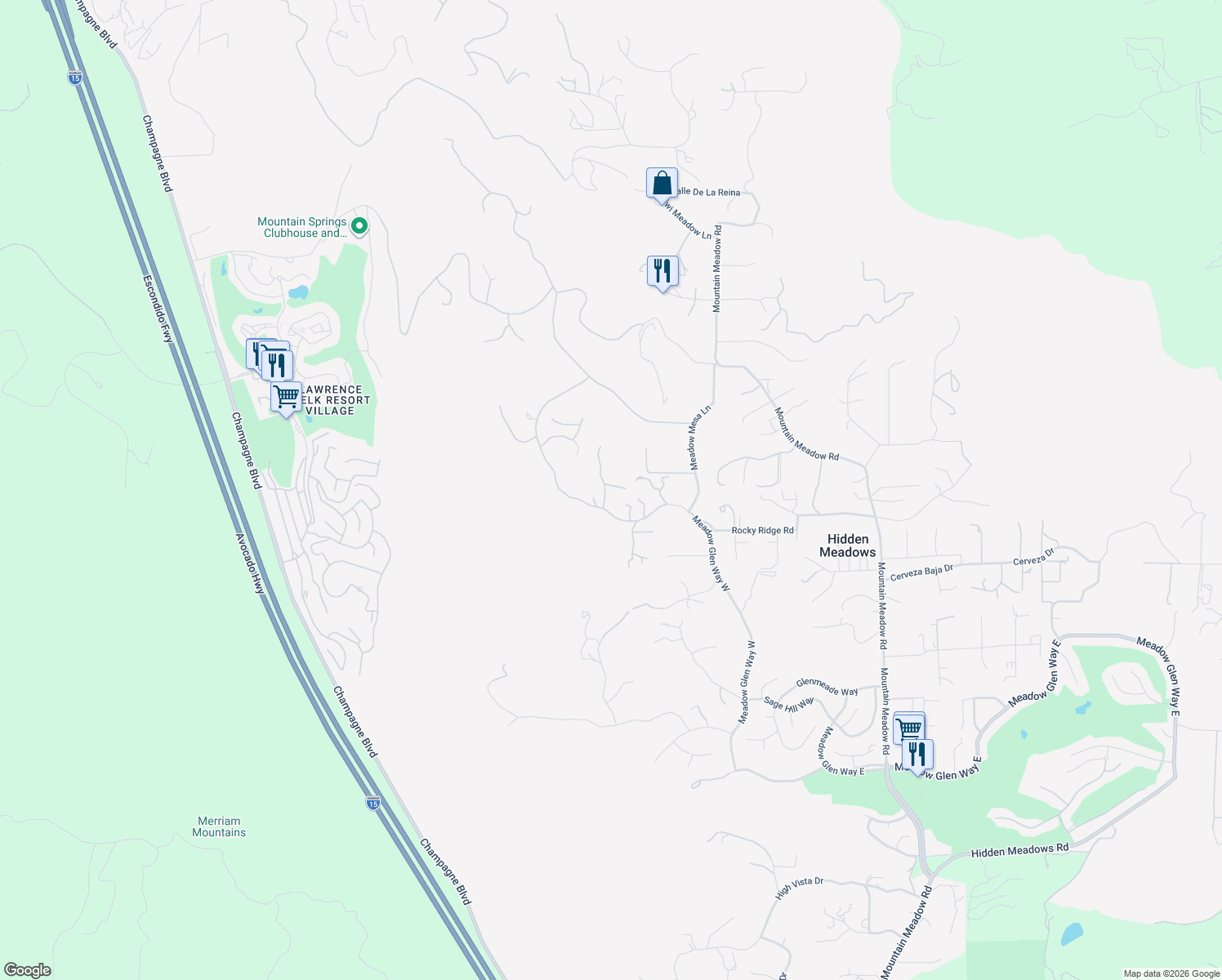 map of restaurants, bars, coffee shops, grocery stores, and more near 29190 Crystal Ridge Court in Escondido