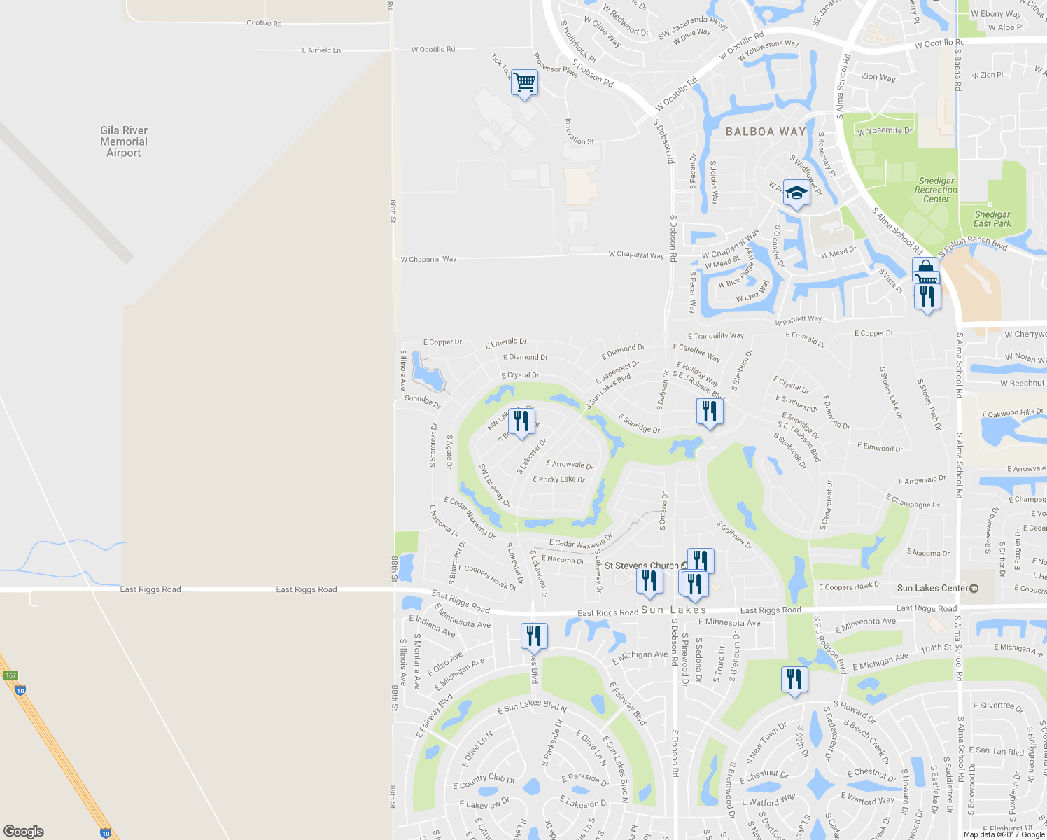 map of restaurants, bars, coffee shops, grocery stores, and more near 24128 South Briarcrest Drive in Sun Lakes