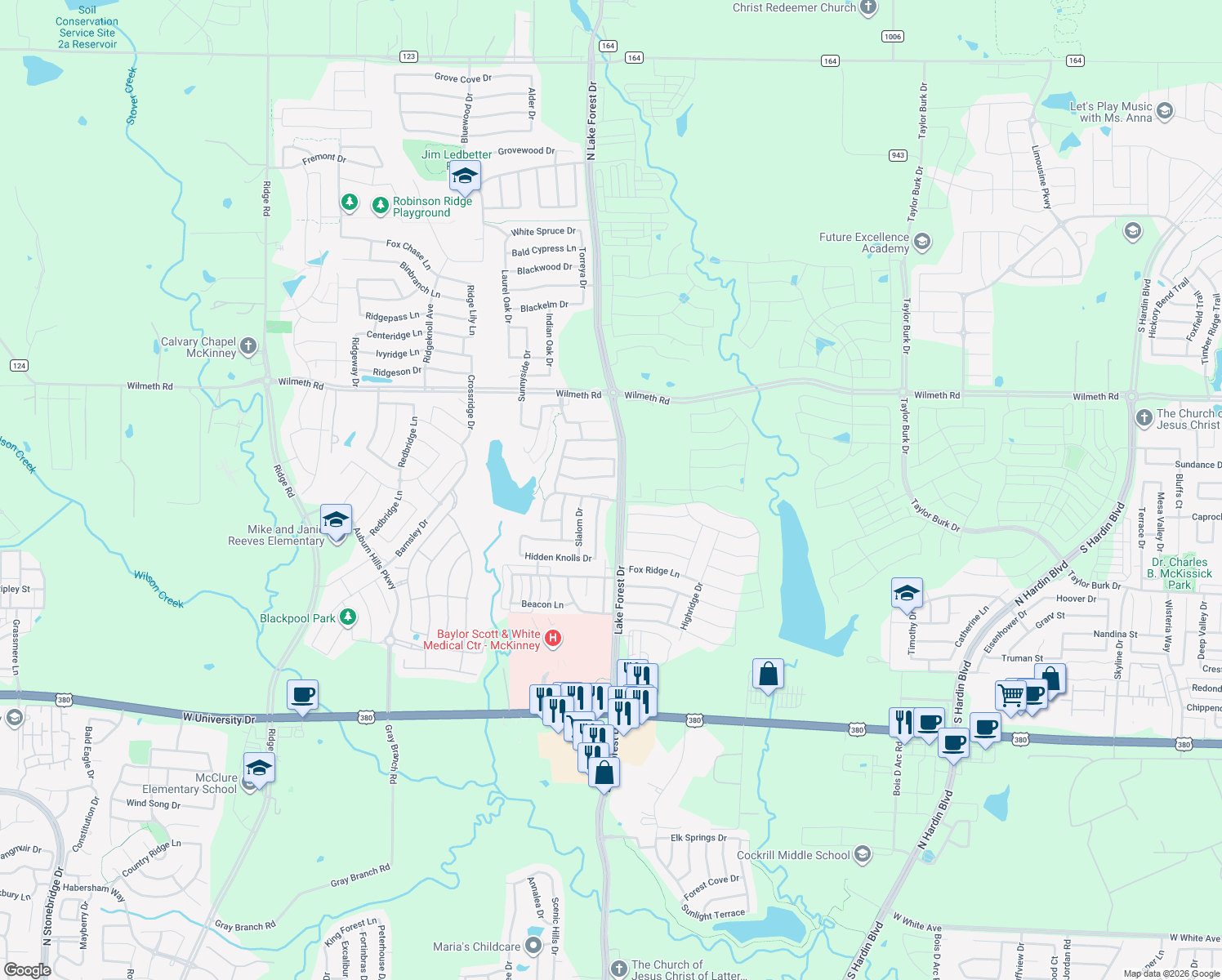 map of restaurants, bars, coffee shops, grocery stores, and more near 5004 Summit View Drive in McKinney