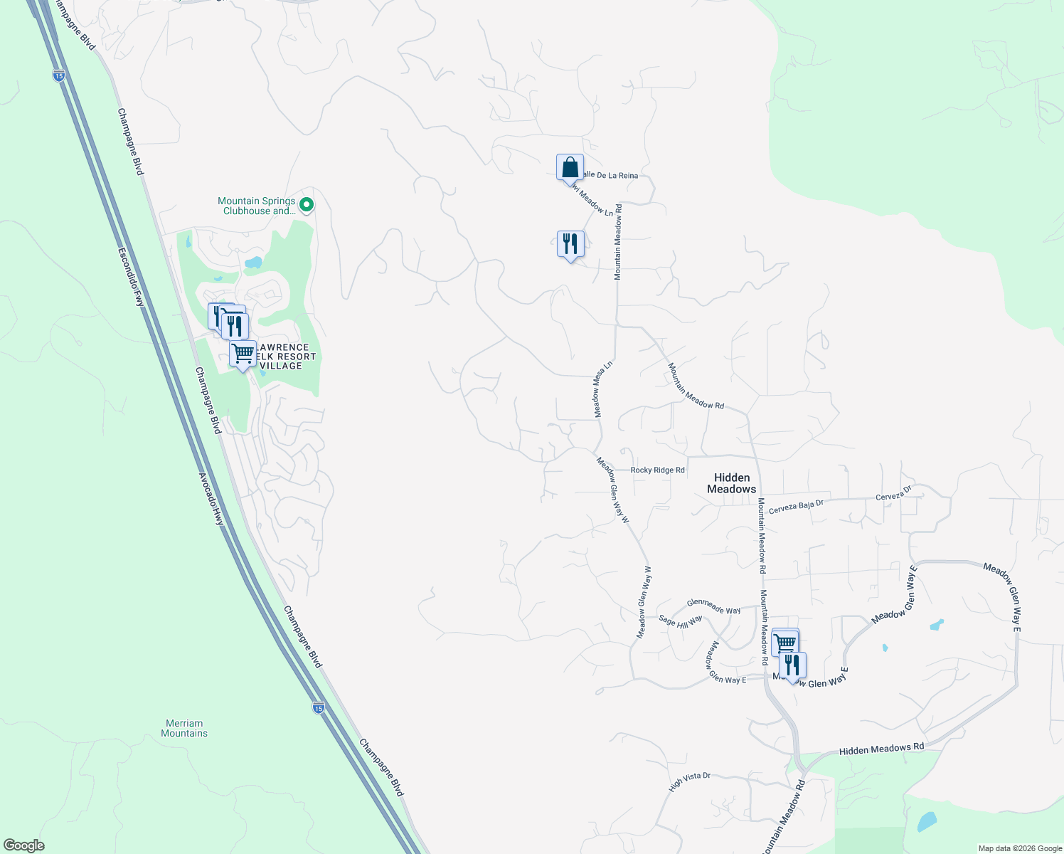 map of restaurants, bars, coffee shops, grocery stores, and more near 29157 Crystal Ridge Court in Escondido