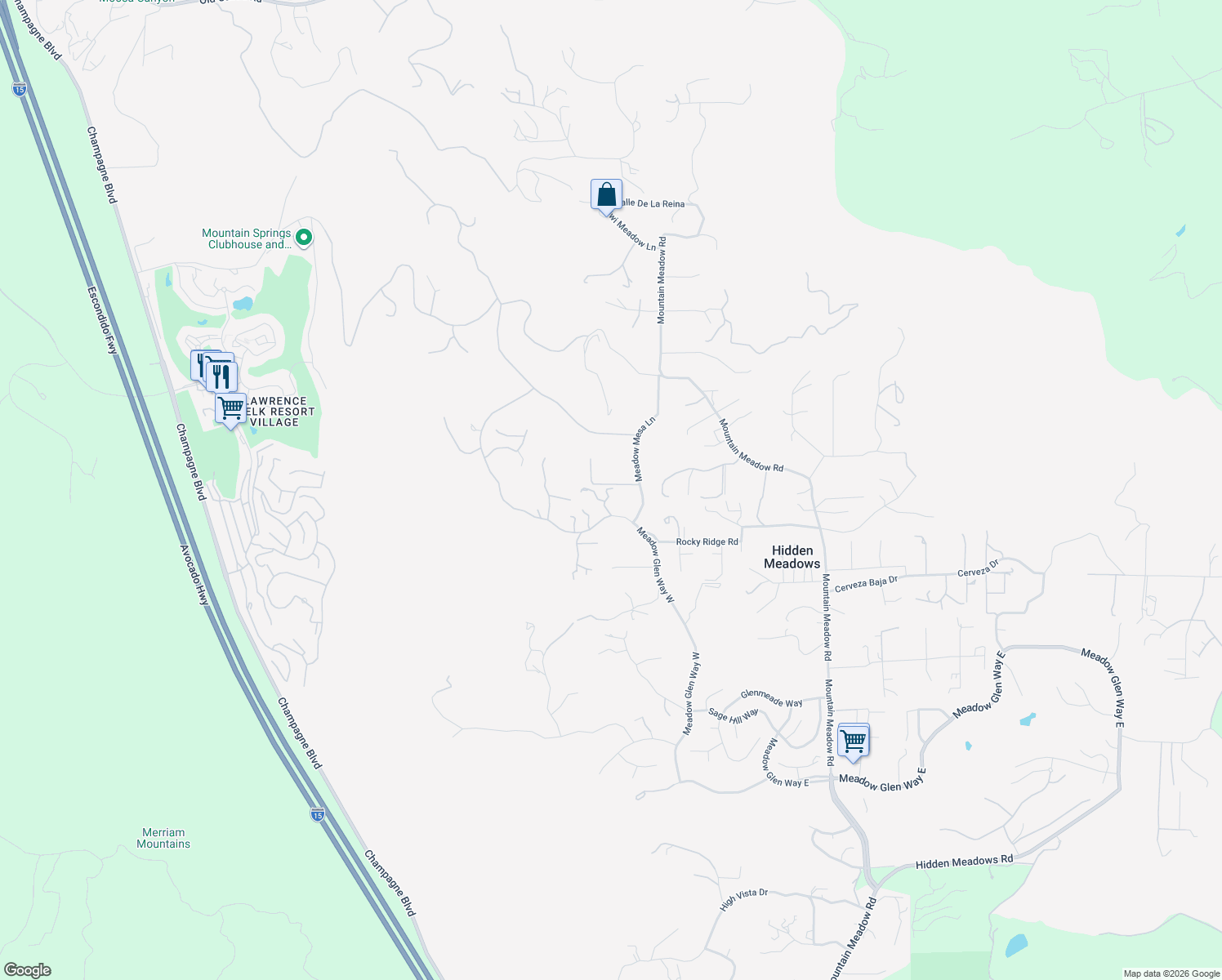 map of restaurants, bars, coffee shops, grocery stores, and more near Meadow Glen Way West in Hidden Meadows