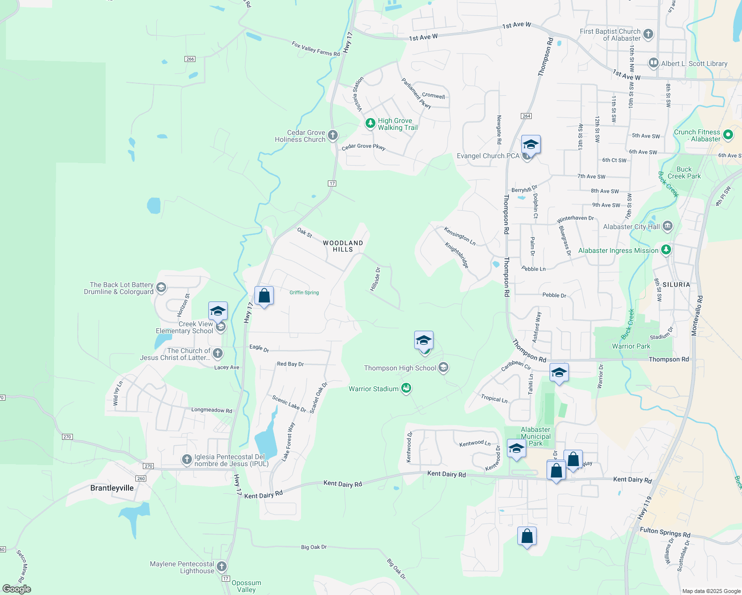 map of restaurants, bars, coffee shops, grocery stores, and more near 133 Forest Ridge Road in Alabaster