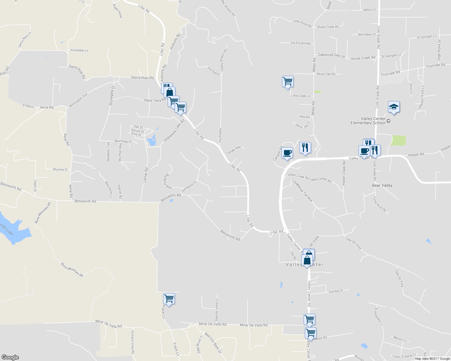 map of restaurants, bars, coffee shops, grocery stores, and more near 28486 Lilac Road in Valley Center