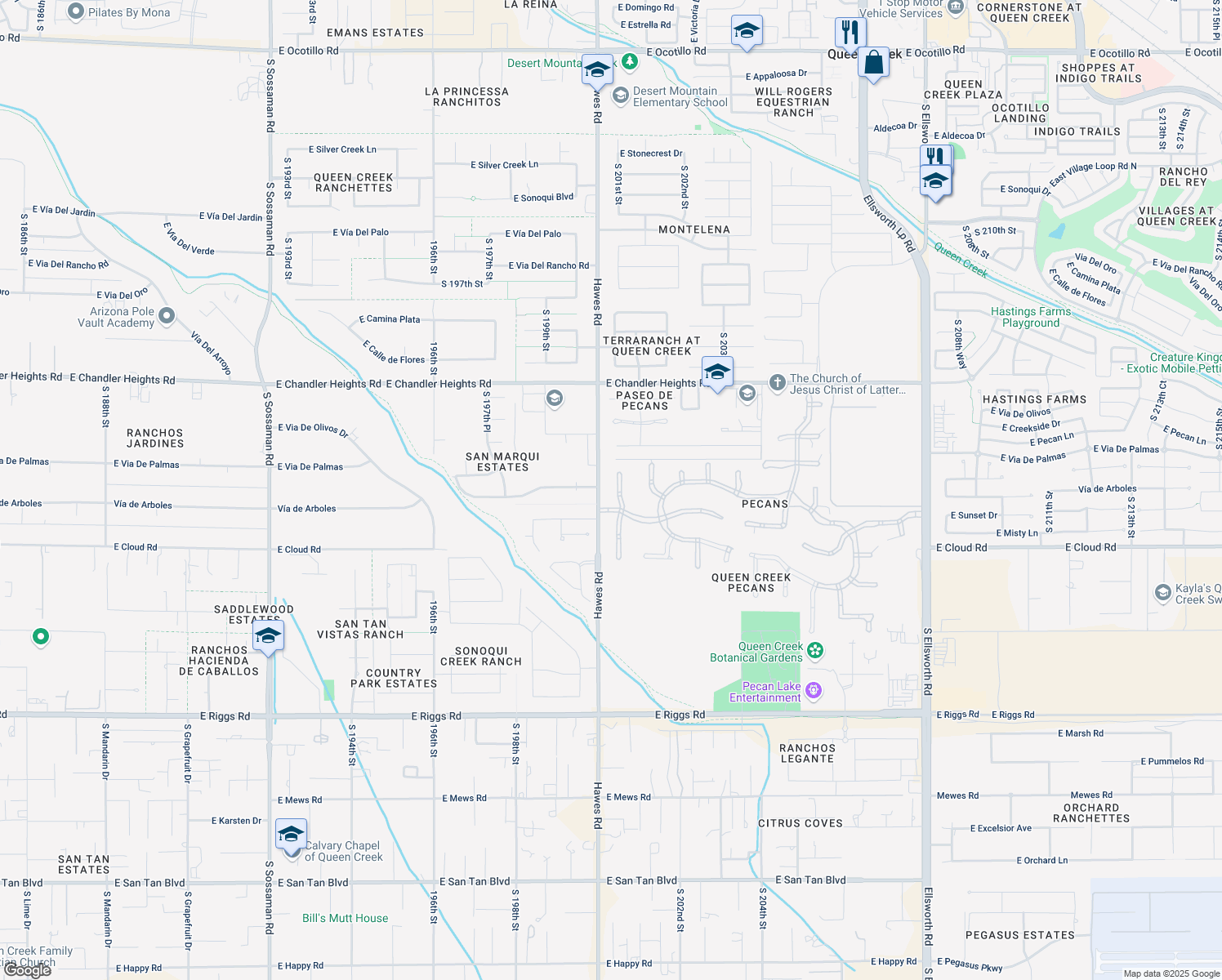 map of restaurants, bars, coffee shops, grocery stores, and more near 24110 S 201st Ct in Queen Creek