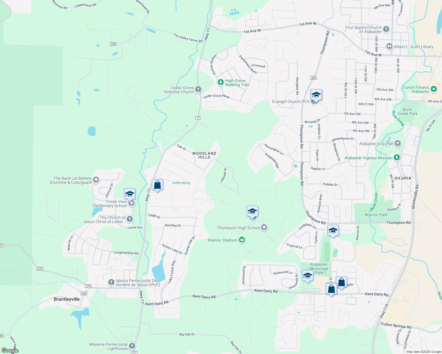 map of restaurants, bars, coffee shops, grocery stores, and more near 112 Hillside Drive in Alabaster