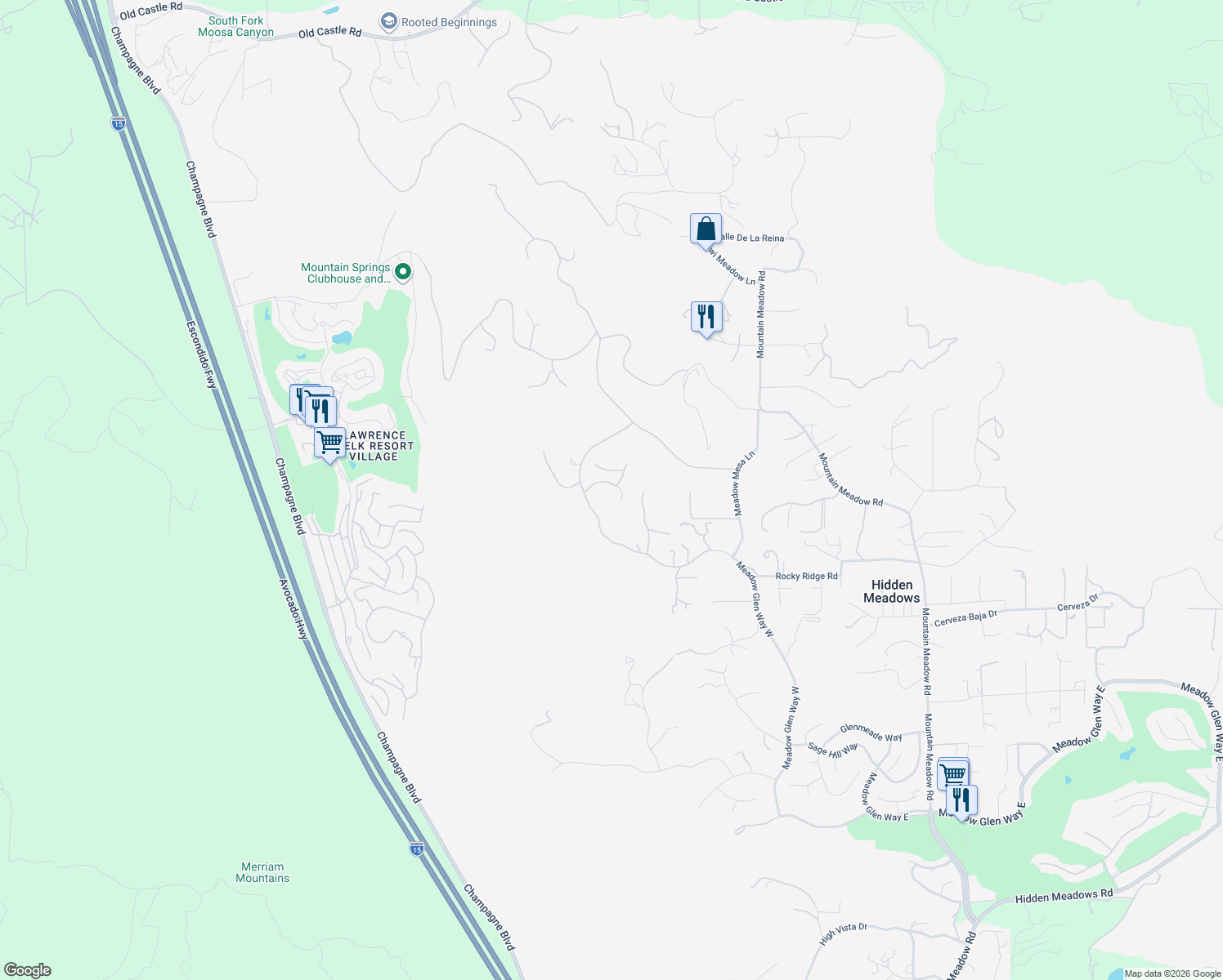 map of restaurants, bars, coffee shops, grocery stores, and more near Little Canyon Lane in Hidden Meadows