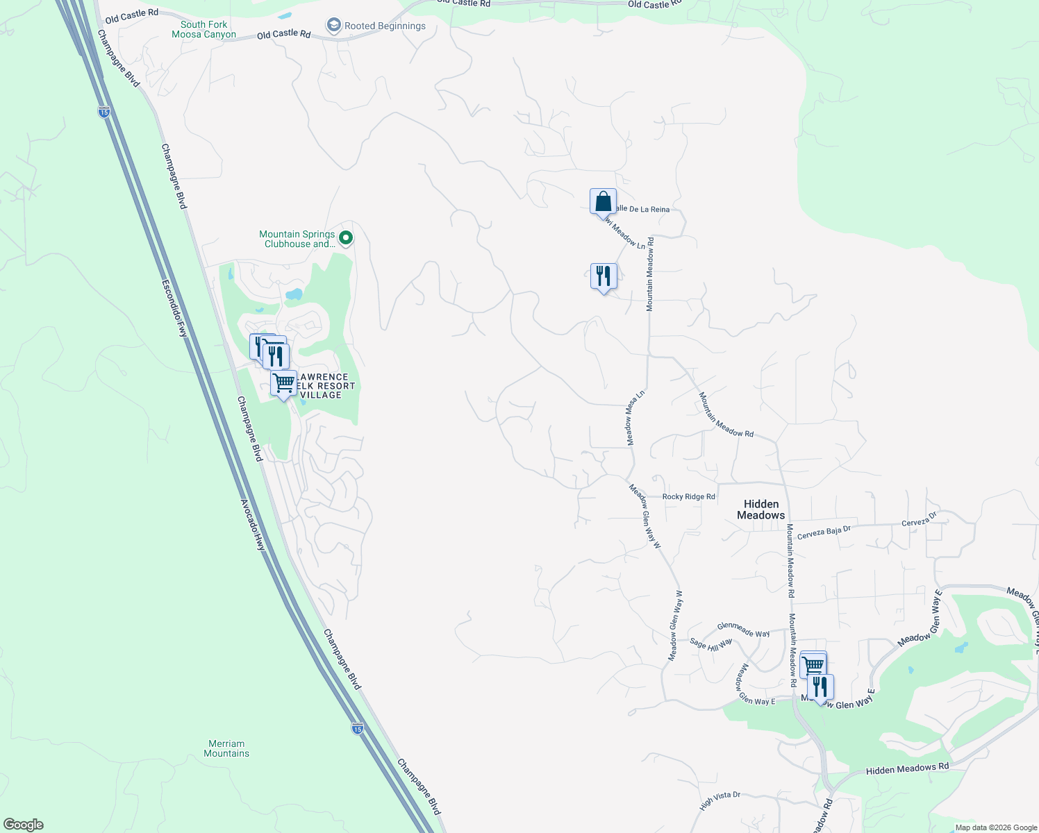 map of restaurants, bars, coffee shops, grocery stores, and more near Little Canyon Lane in Hidden Meadows