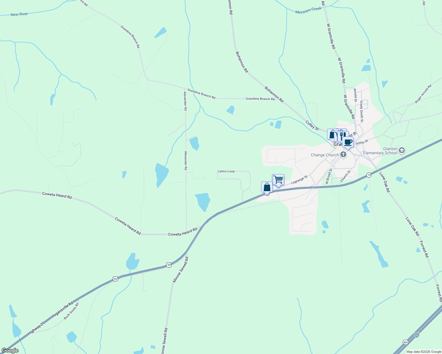 map of restaurants, bars, coffee shops, grocery stores, and more near 140 Calico Loop in Grantville