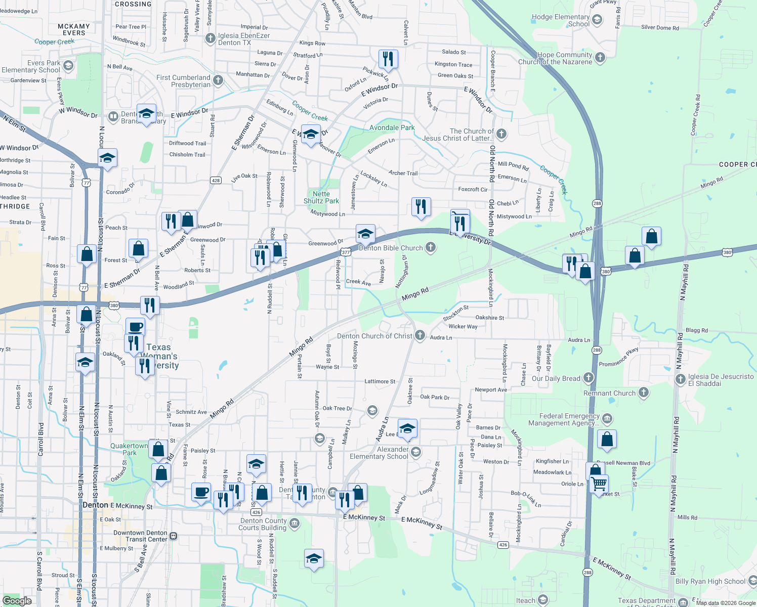 map of restaurants, bars, coffee shops, grocery stores, and more near 1914 Kiowa in Denton