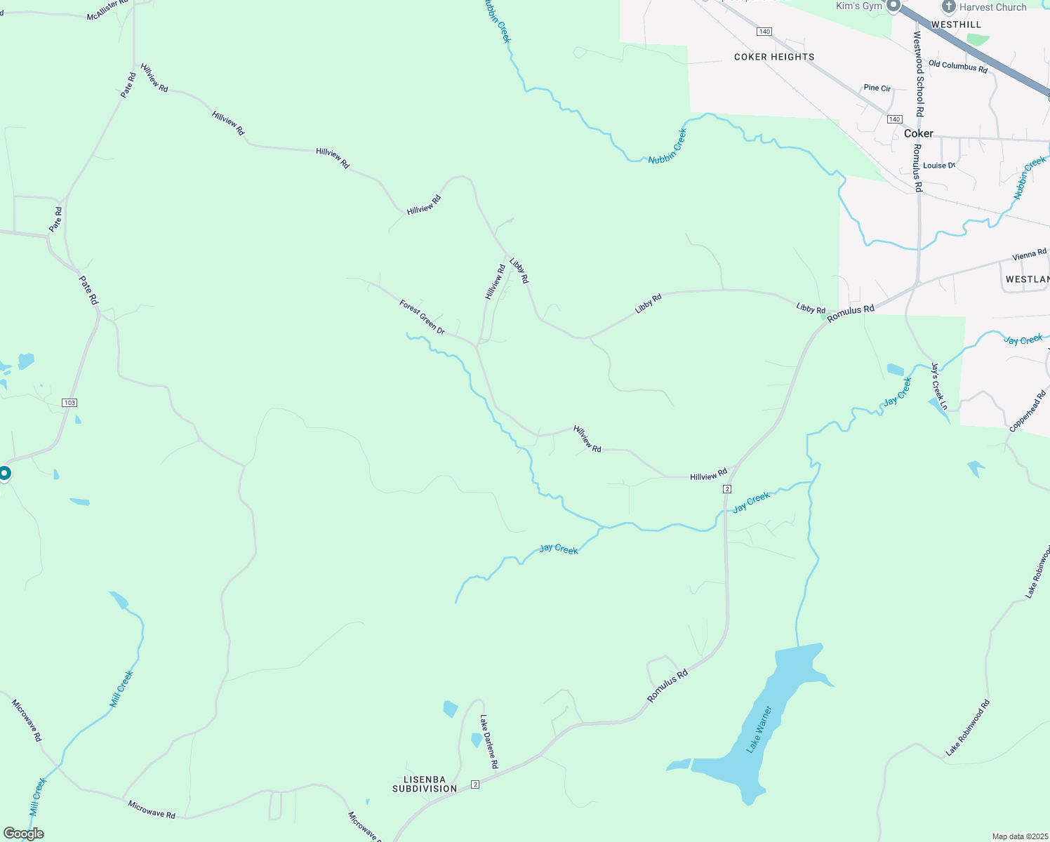 map of restaurants, bars, coffee shops, grocery stores, and more near 15289 Hillview Road in Coker
