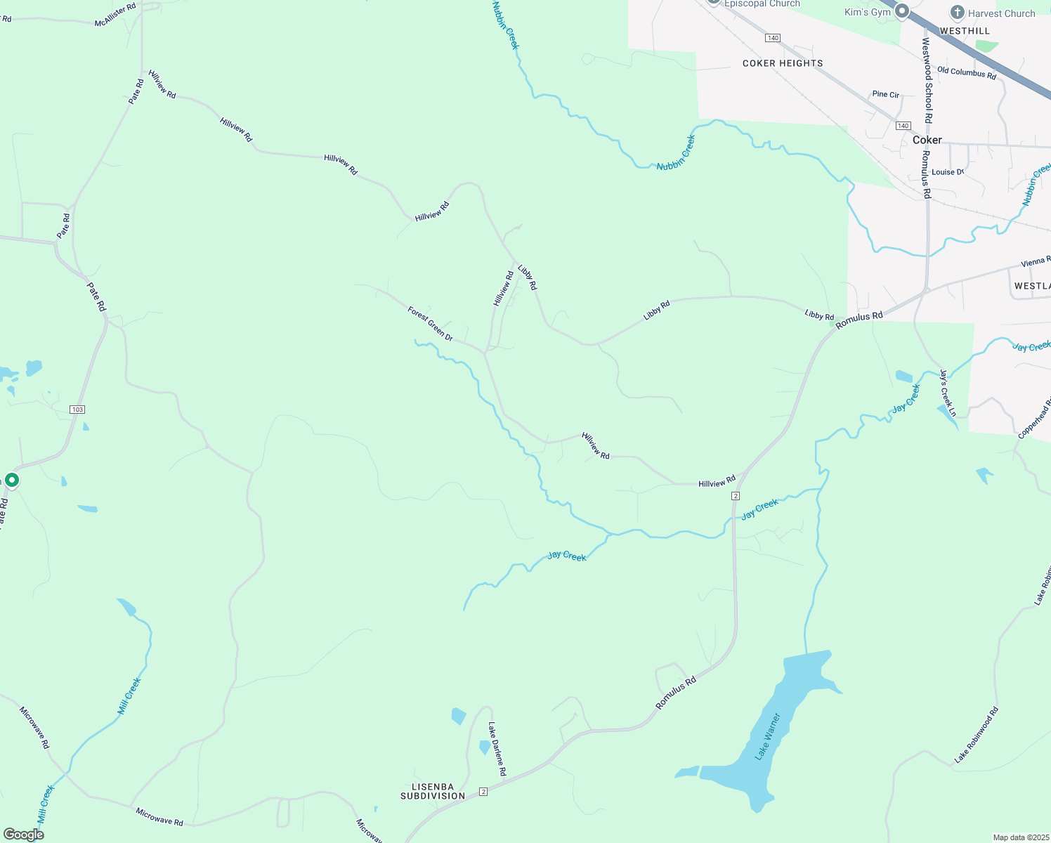 map of restaurants, bars, coffee shops, grocery stores, and more near 15289 Hillview Rd in Coker