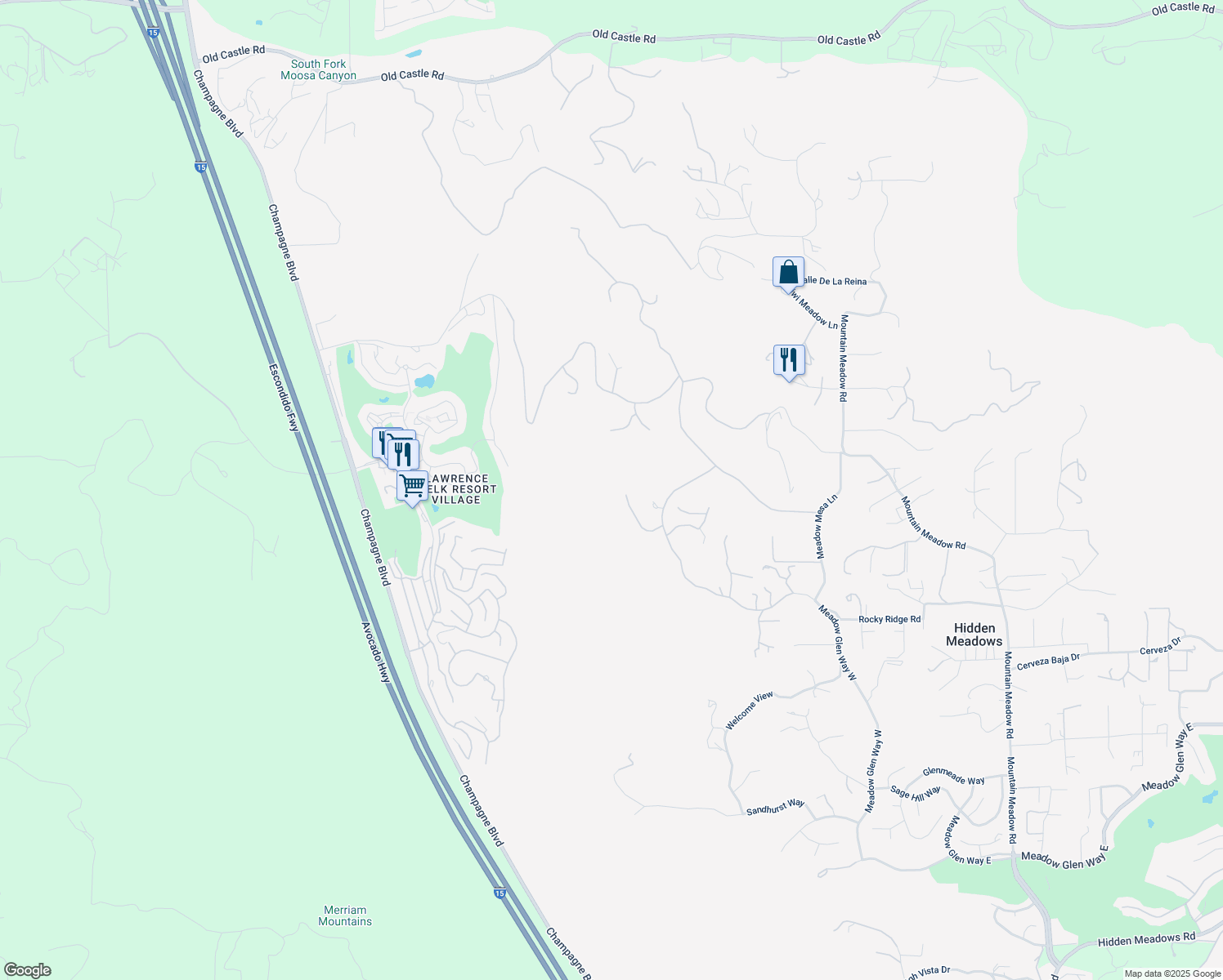 map of restaurants, bars, coffee shops, grocery stores, and more near 9607 Misty Meadow Lane in Escondido