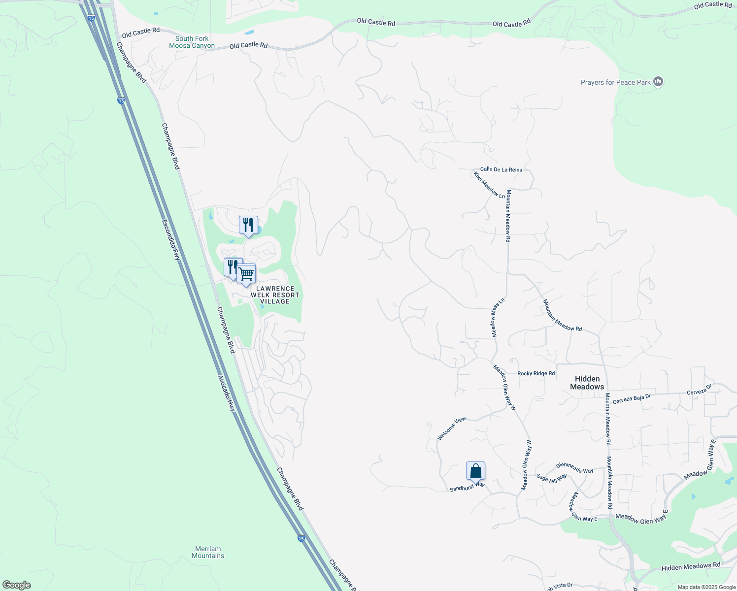 map of restaurants, bars, coffee shops, grocery stores, and more near 9607 Misty Meadow Lane in Escondido