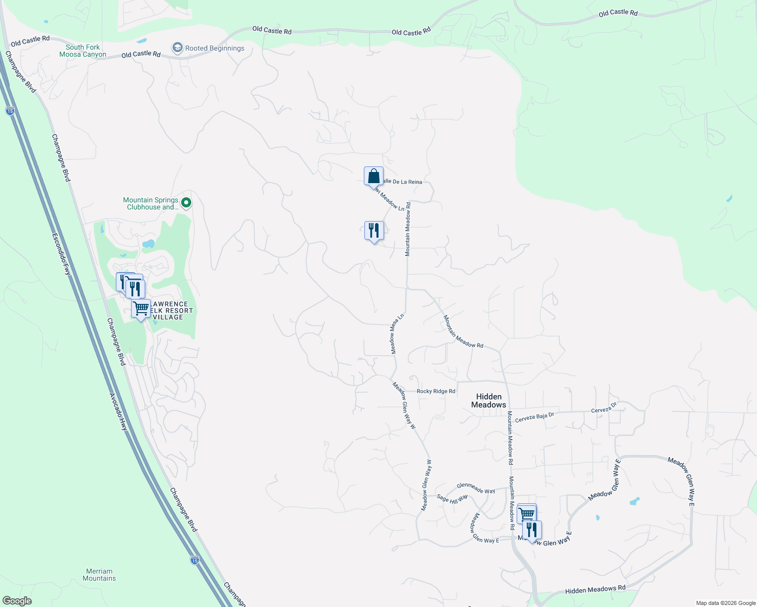 map of restaurants, bars, coffee shops, grocery stores, and more near 9505 Meadow Mesa Drive in Escondido