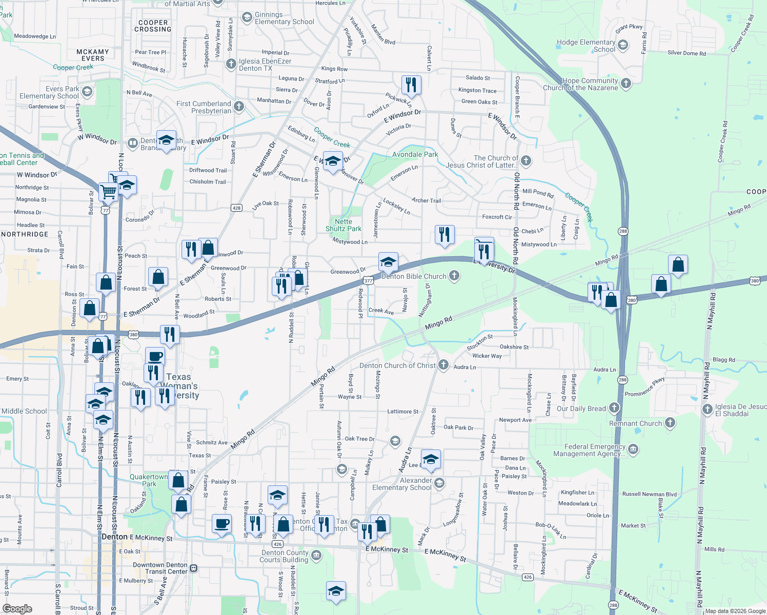 map of restaurants, bars, coffee shops, grocery stores, and more near 1815 Creek Avenue in Denton