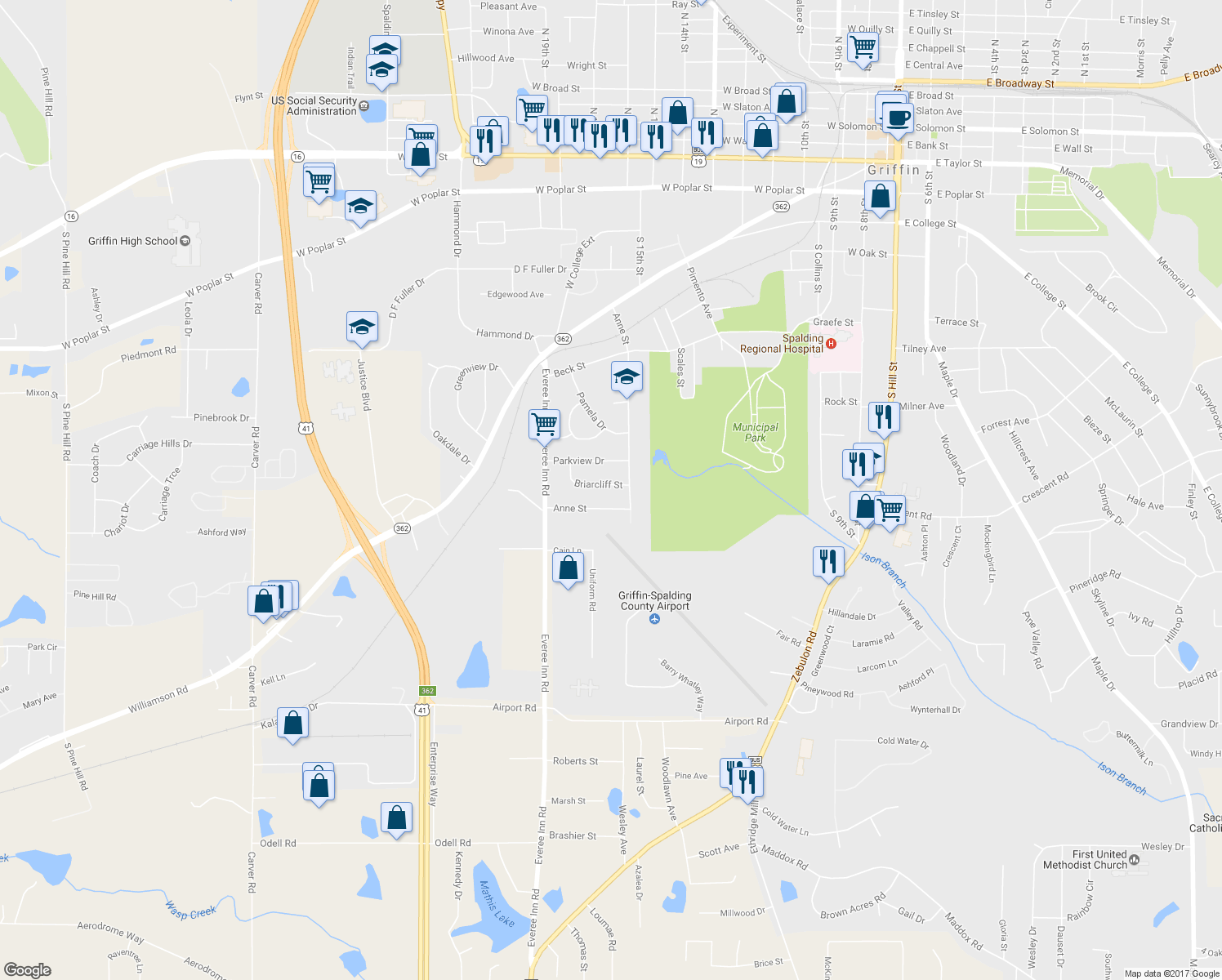 map of restaurants, bars, coffee shops, grocery stores, and more near 1108 Briarcliff Street in Griffin