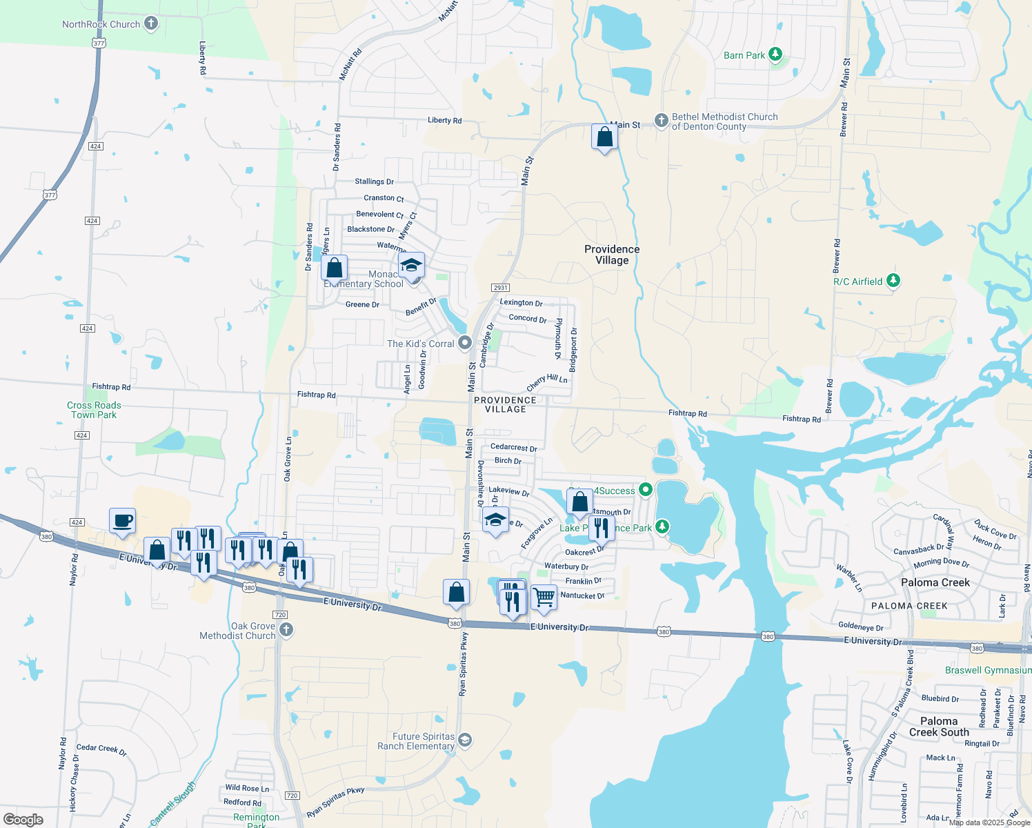 map of restaurants, bars, coffee shops, grocery stores, and more near 11272 Fishtrap Rd in Aubrey
