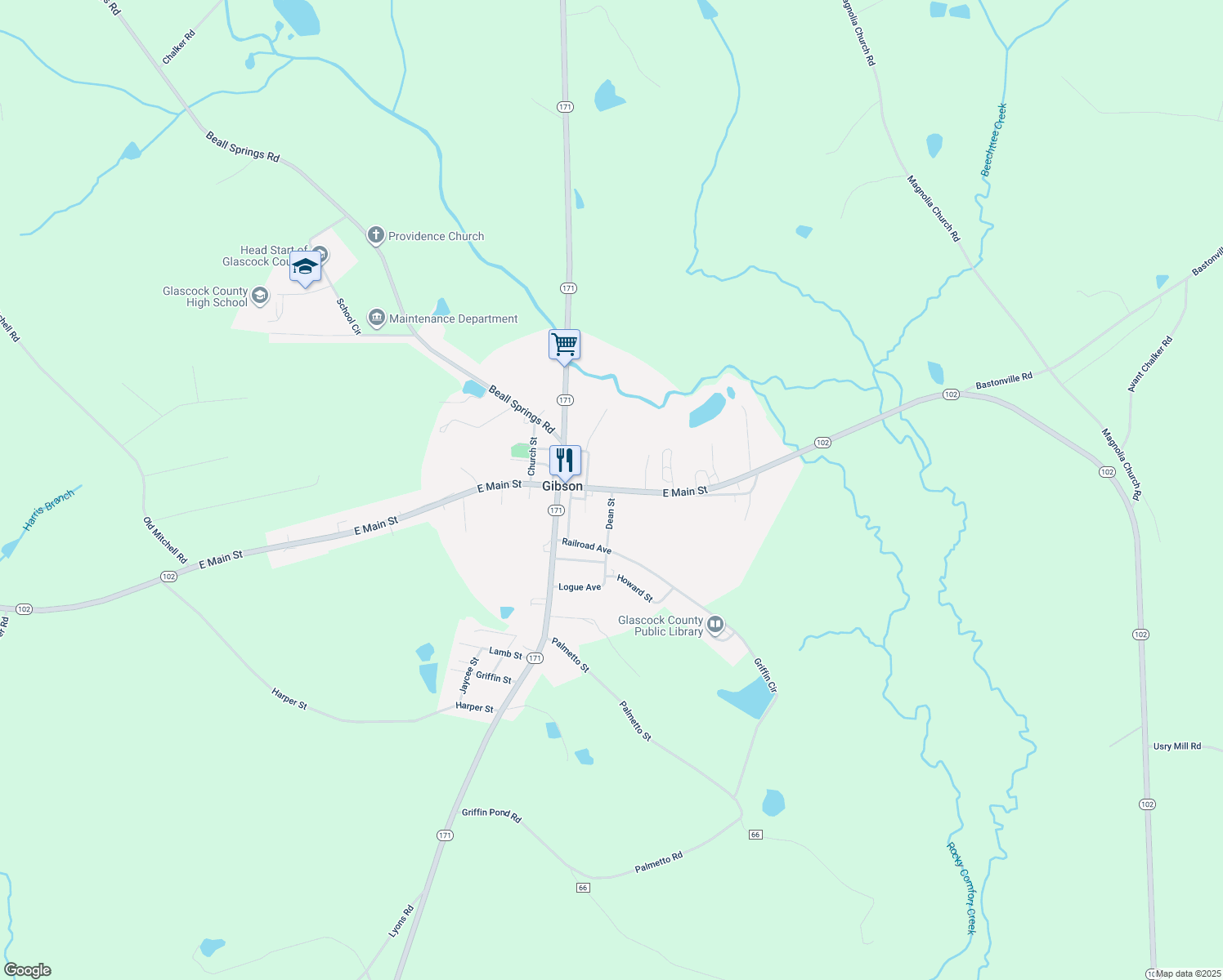 map of restaurants, bars, coffee shops, grocery stores, and more near 102 East Main Street in Gibson