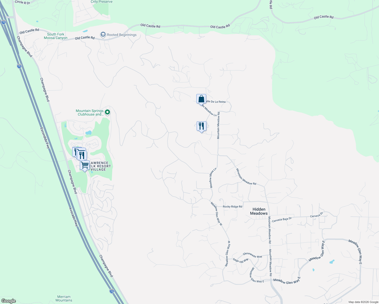 map of restaurants, bars, coffee shops, grocery stores, and more near 9785 Rimrock Summit Lane in Escondido