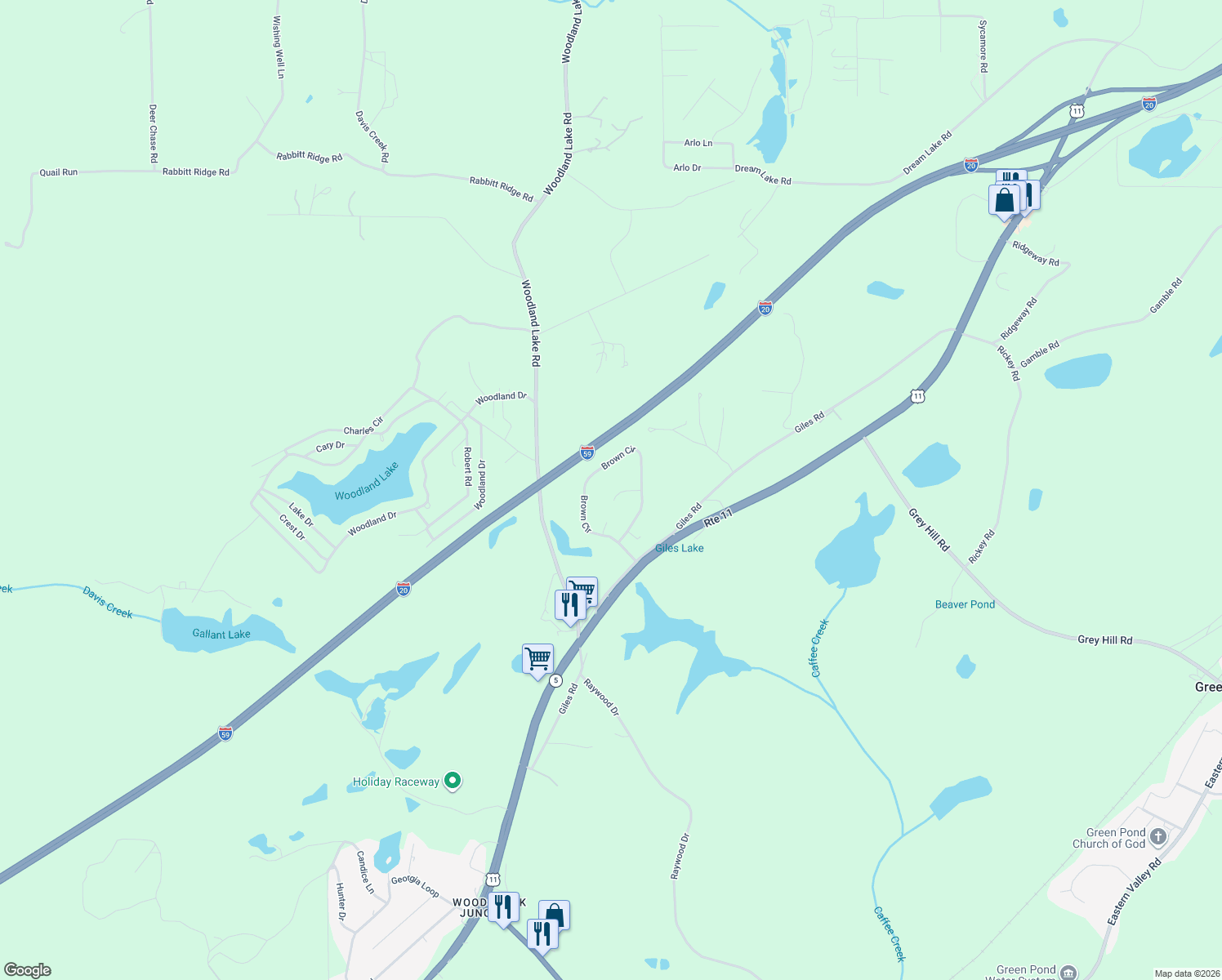 map of restaurants, bars, coffee shops, grocery stores, and more near 20578 Faynell Circle in Woodstock