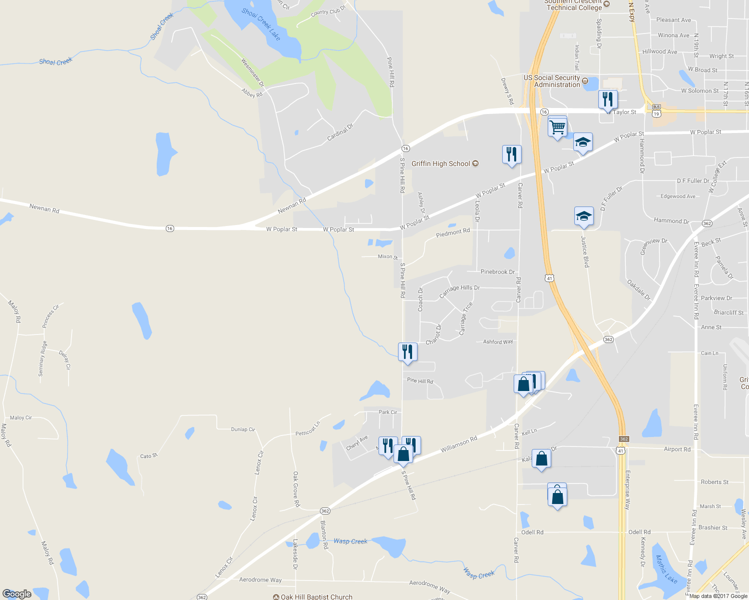 map of restaurants, bars, coffee shops, grocery stores, and more near 463 South Pine Hill Road in Griffin