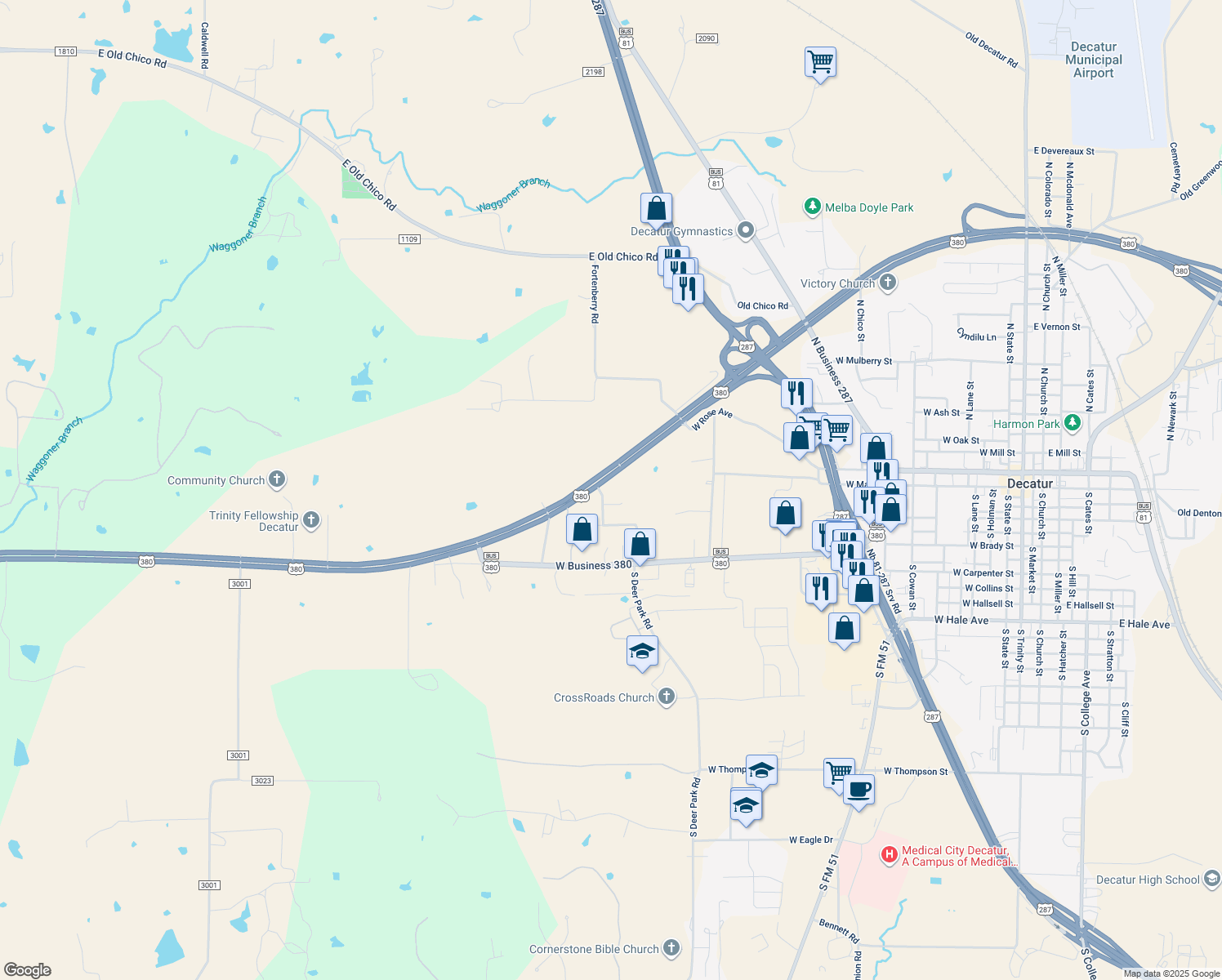 map of restaurants, bars, coffee shops, grocery stores, and more near 201 Meadowbrook Lane in Decatur
