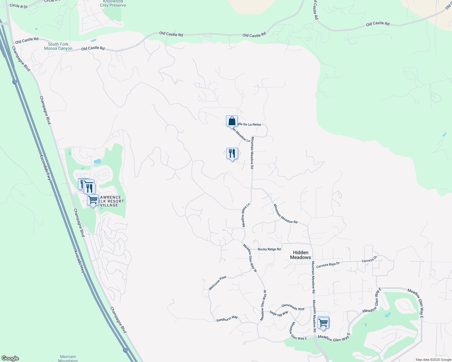 map of restaurants, bars, coffee shops, grocery stores, and more near 9613 Meadow Mesa Drive in Escondido