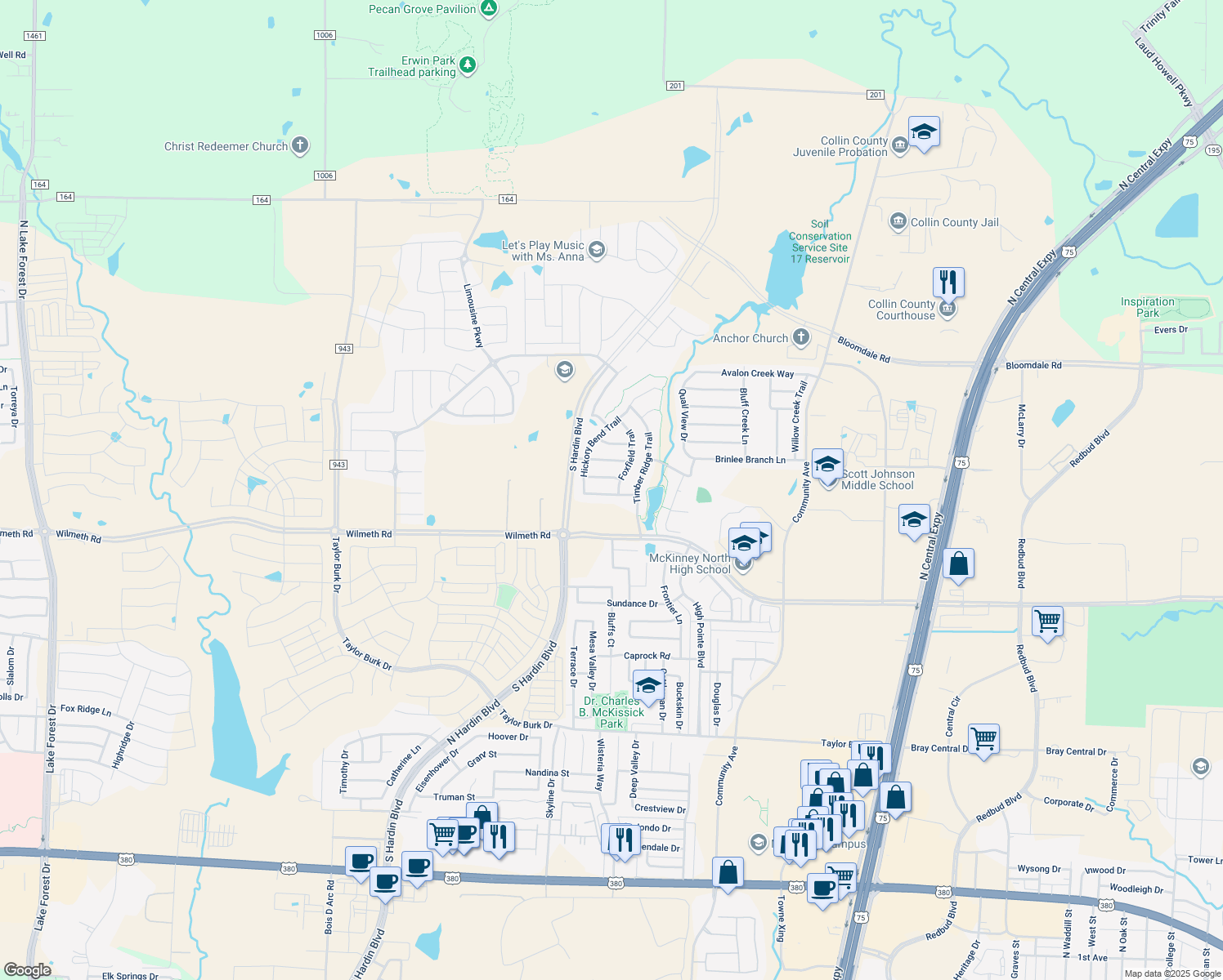 map of restaurants, bars, coffee shops, grocery stores, and more near 2804 Bentwood Way in McKinney