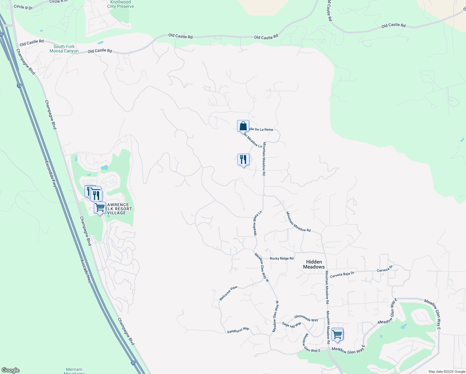 map of restaurants, bars, coffee shops, grocery stores, and more near 9613 Meadow Mesa Drive in Escondido