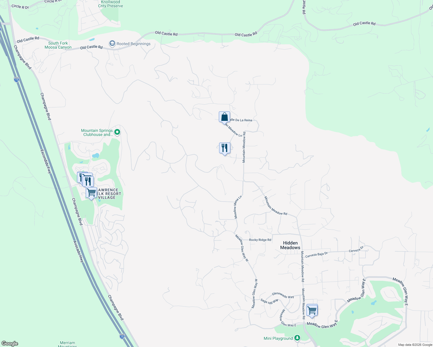 map of restaurants, bars, coffee shops, grocery stores, and more near 9504 Meadow Mesa Drive in Escondido