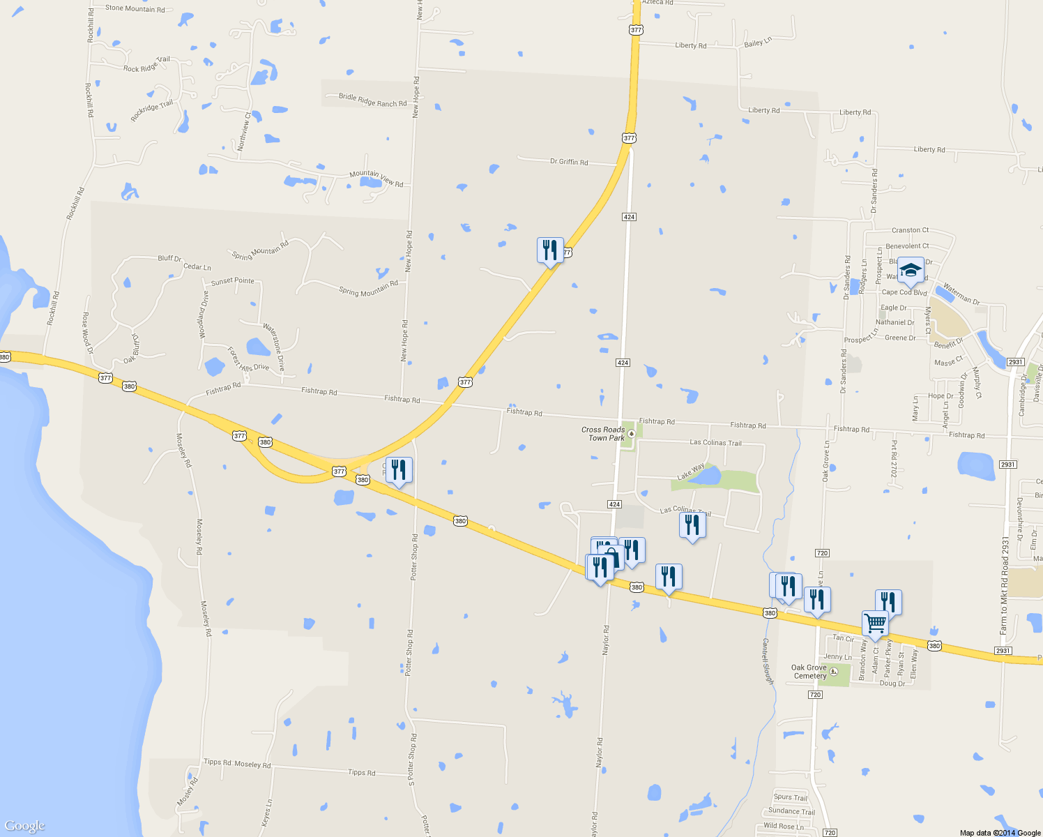map of restaurants, bars, coffee shops, grocery stores, and more near 6401 Fishtrap Rd in Cross Roads
