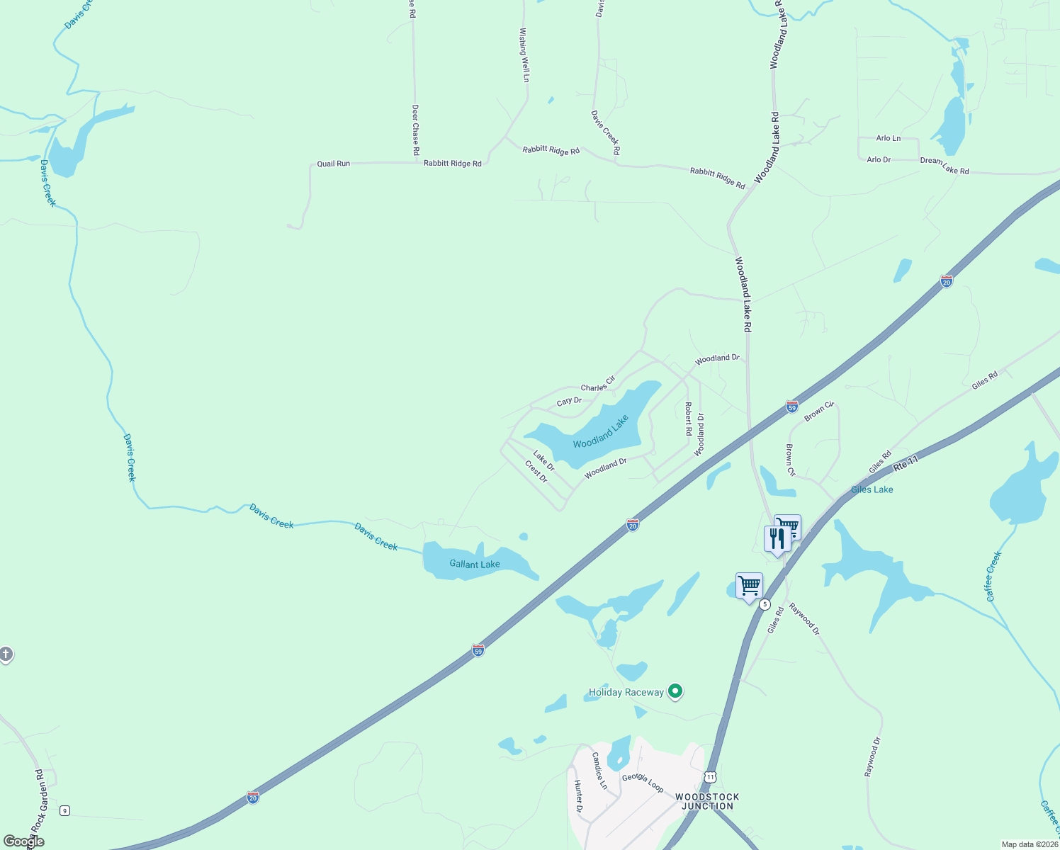 map of restaurants, bars, coffee shops, grocery stores, and more near 11575 Woodland Drive in McCalla