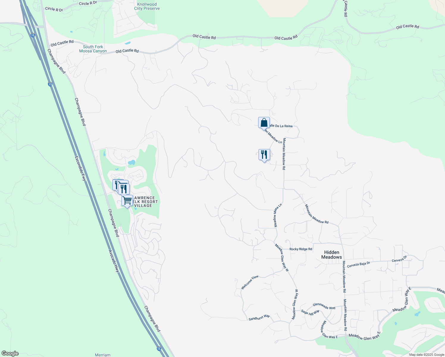 map of restaurants, bars, coffee shops, grocery stores, and more near 29344 Welk Highland Drive in Escondido