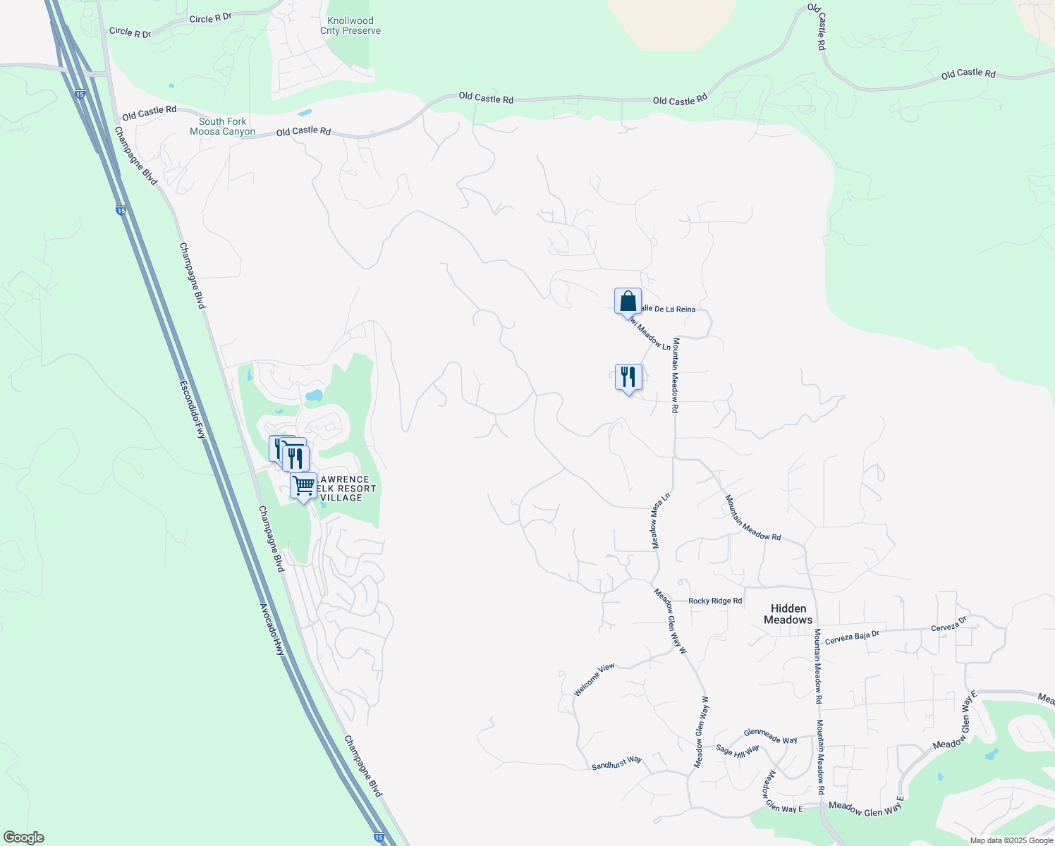 map of restaurants, bars, coffee shops, grocery stores, and more near 29344 Welk Highland Drive in Escondido