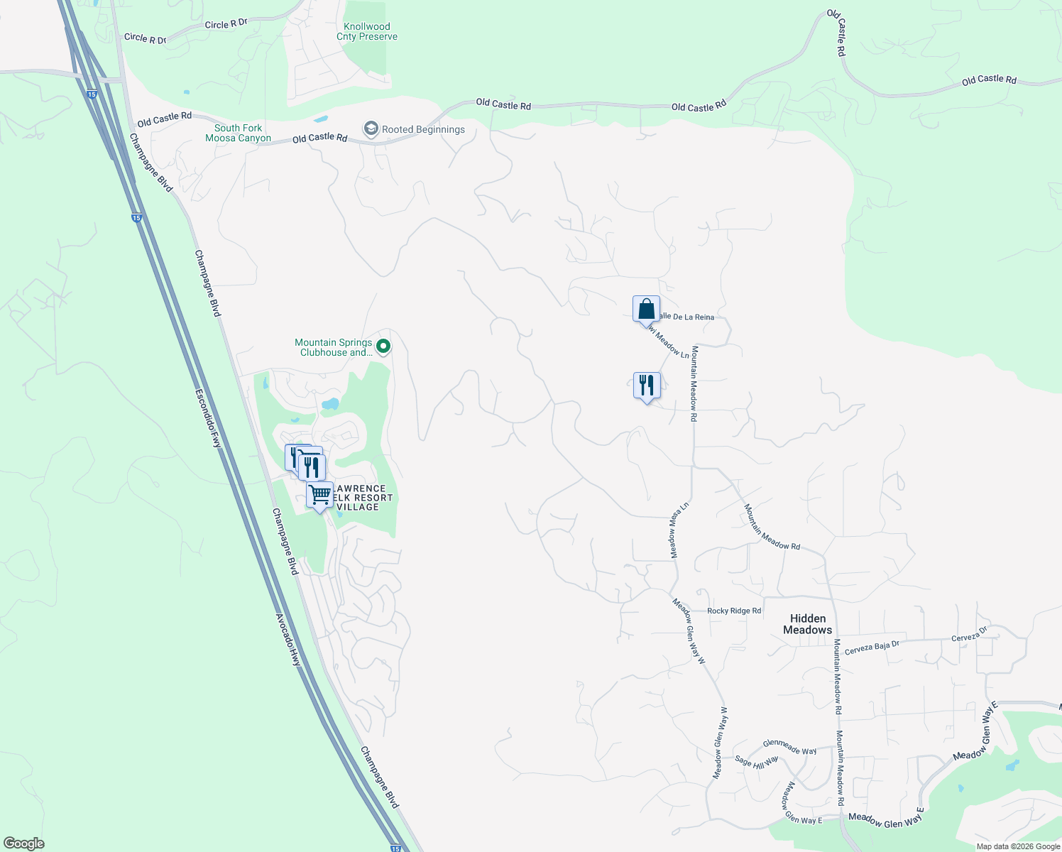 map of restaurants, bars, coffee shops, grocery stores, and more near 9651 Welk View Drive in Escondido