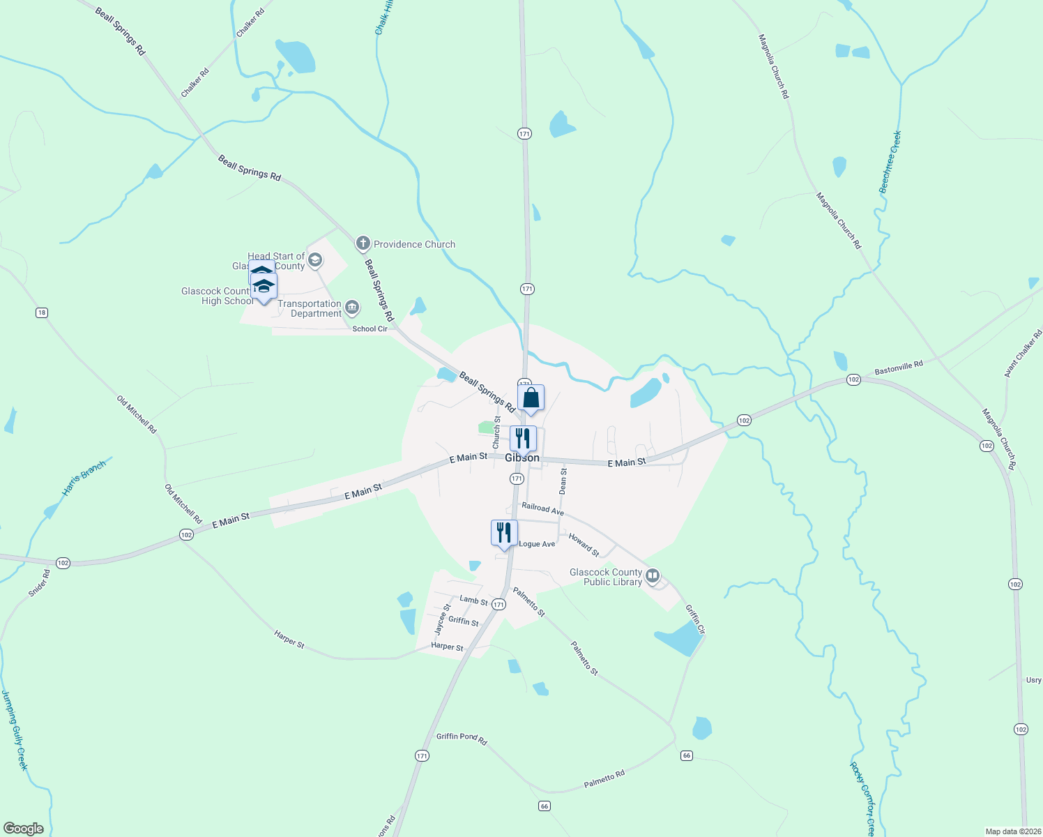 map of restaurants, bars, coffee shops, grocery stores, and more near 147 Beall Springs Rd in Gibson