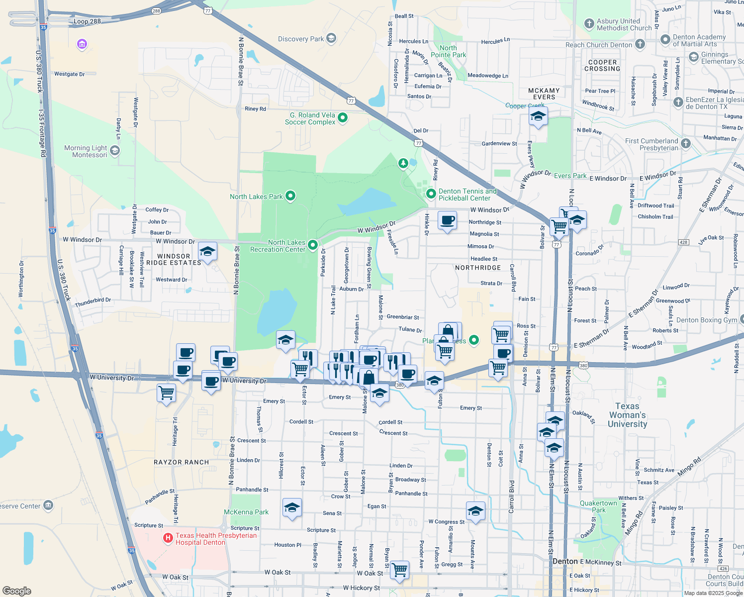 map of restaurants, bars, coffee shops, grocery stores, and more near 2100 Bowling Green Street in Denton
