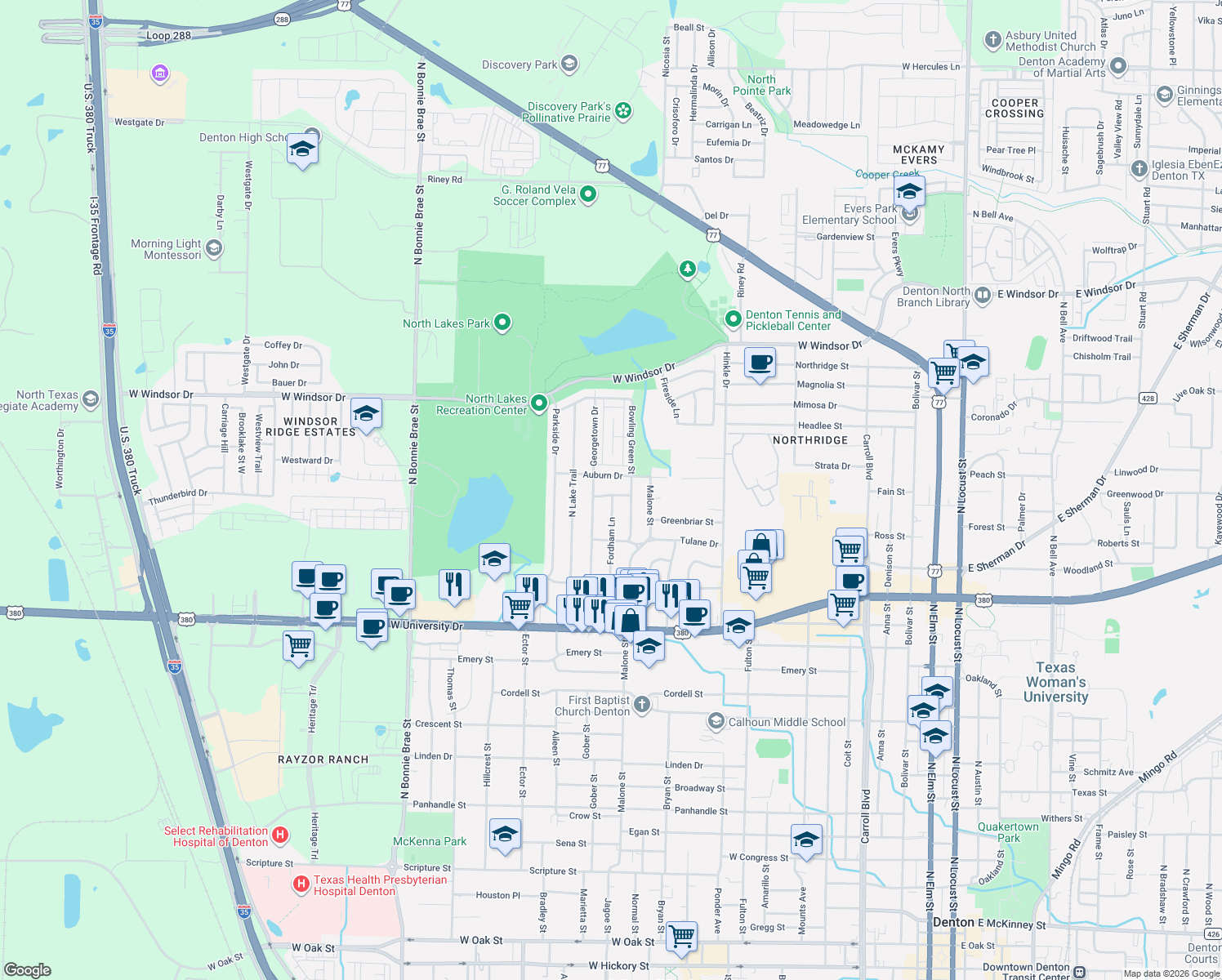 map of restaurants, bars, coffee shops, grocery stores, and more near 1416 Belhaven Street in Denton