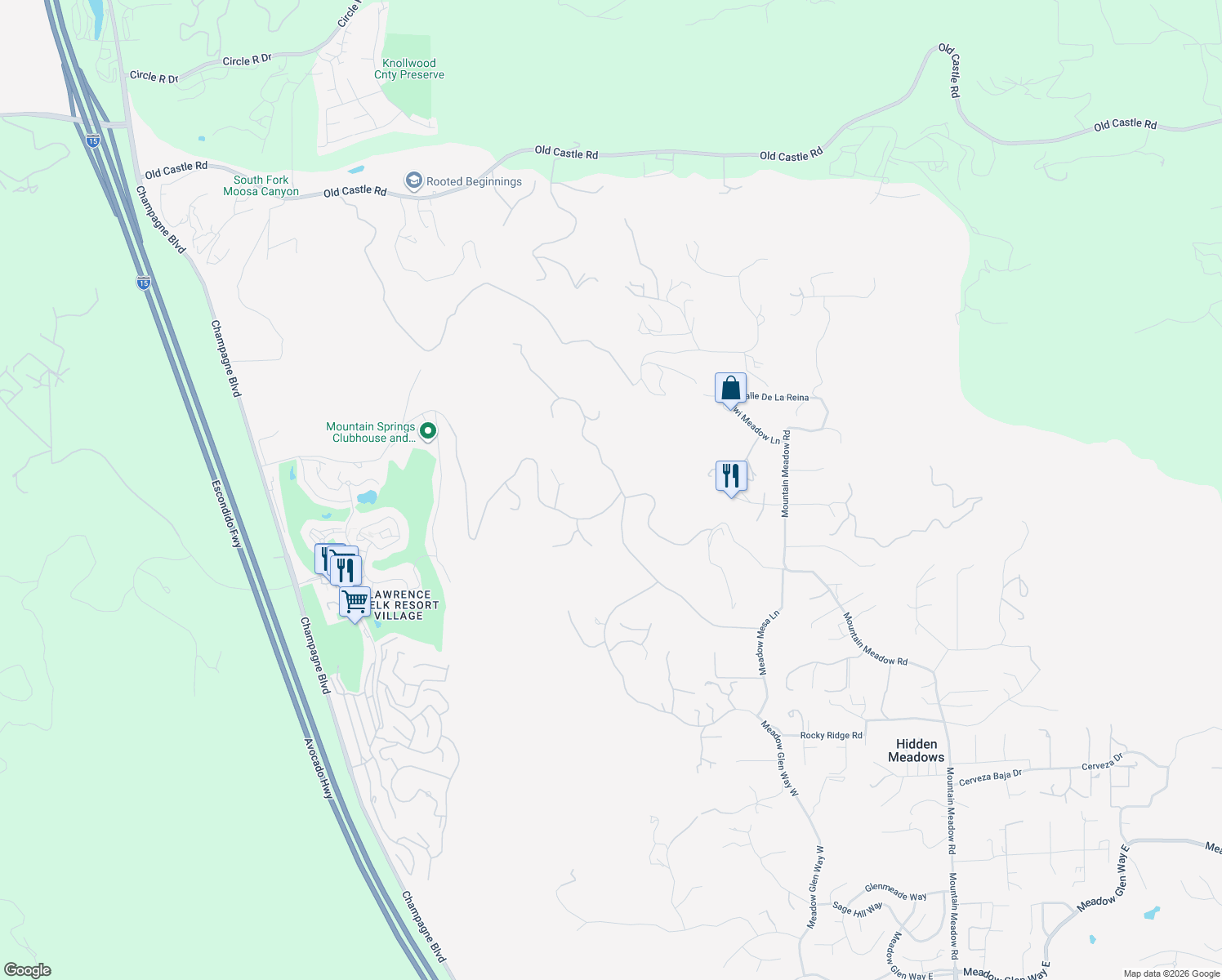 map of restaurants, bars, coffee shops, grocery stores, and more near 9698 Welk View Drive in Escondido
