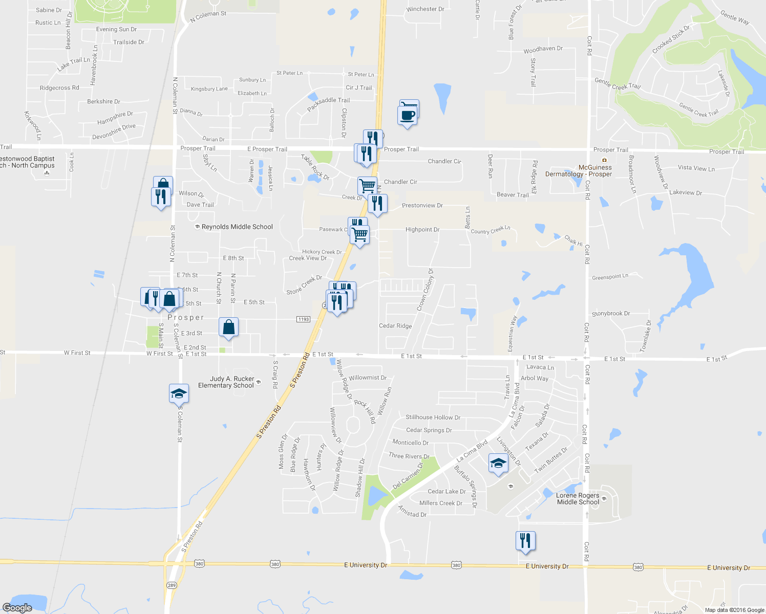 map of restaurants, bars, coffee shops, grocery stores, and more near 201 N Ridge Trail in Prosper