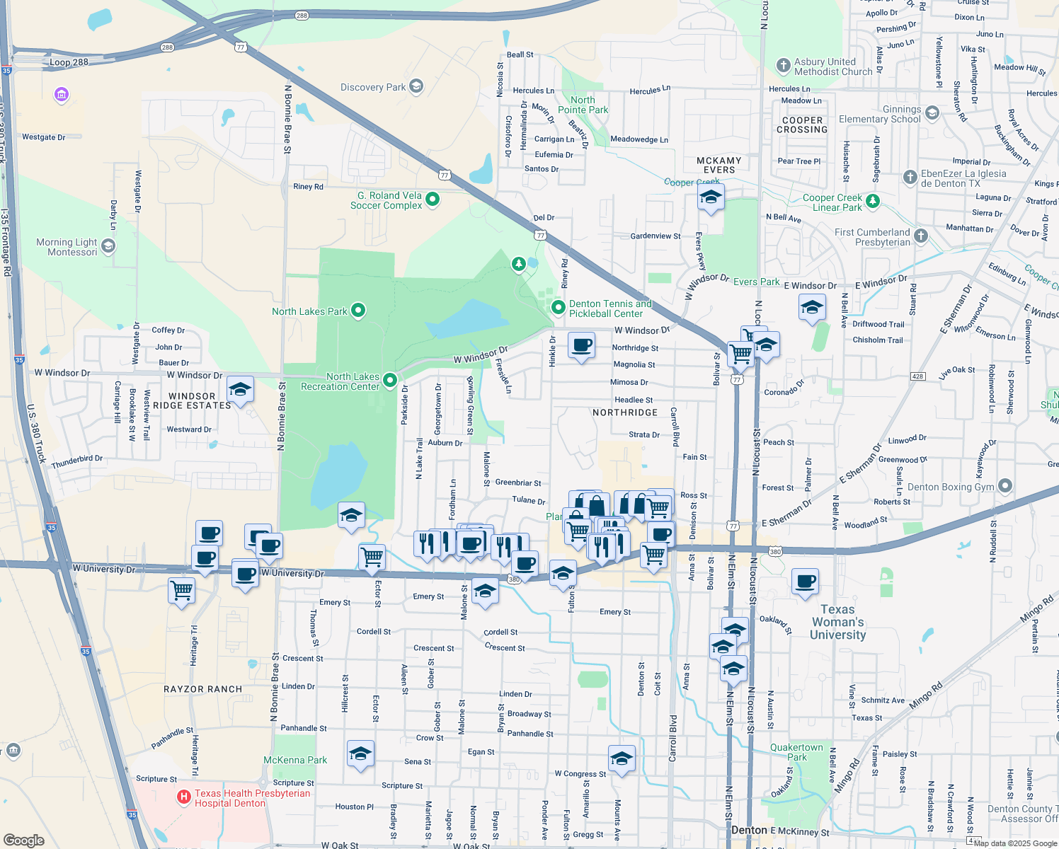 map of restaurants, bars, coffee shops, grocery stores, and more near 1214 Meadow Ridge Drive in Denton