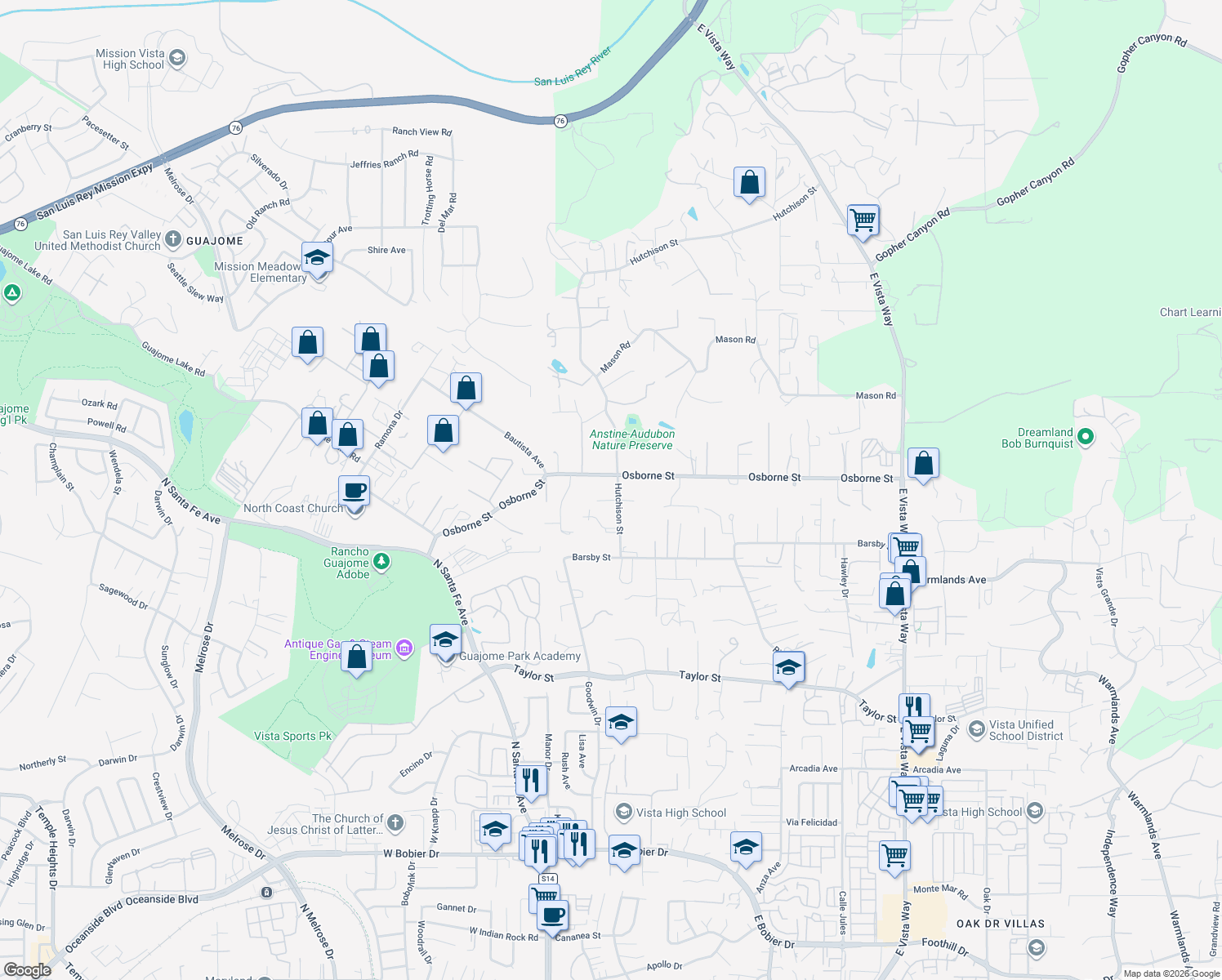 map of restaurants, bars, coffee shops, grocery stores, and more near 2344 Hutchison Street in Vista