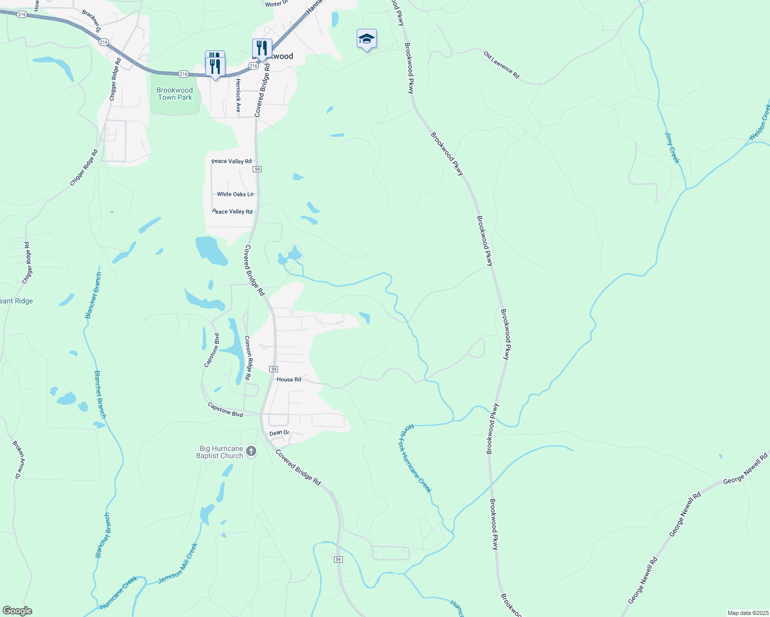 map of restaurants, bars, coffee shops, grocery stores, and more near 16419 Paradise Lane in Brookwood