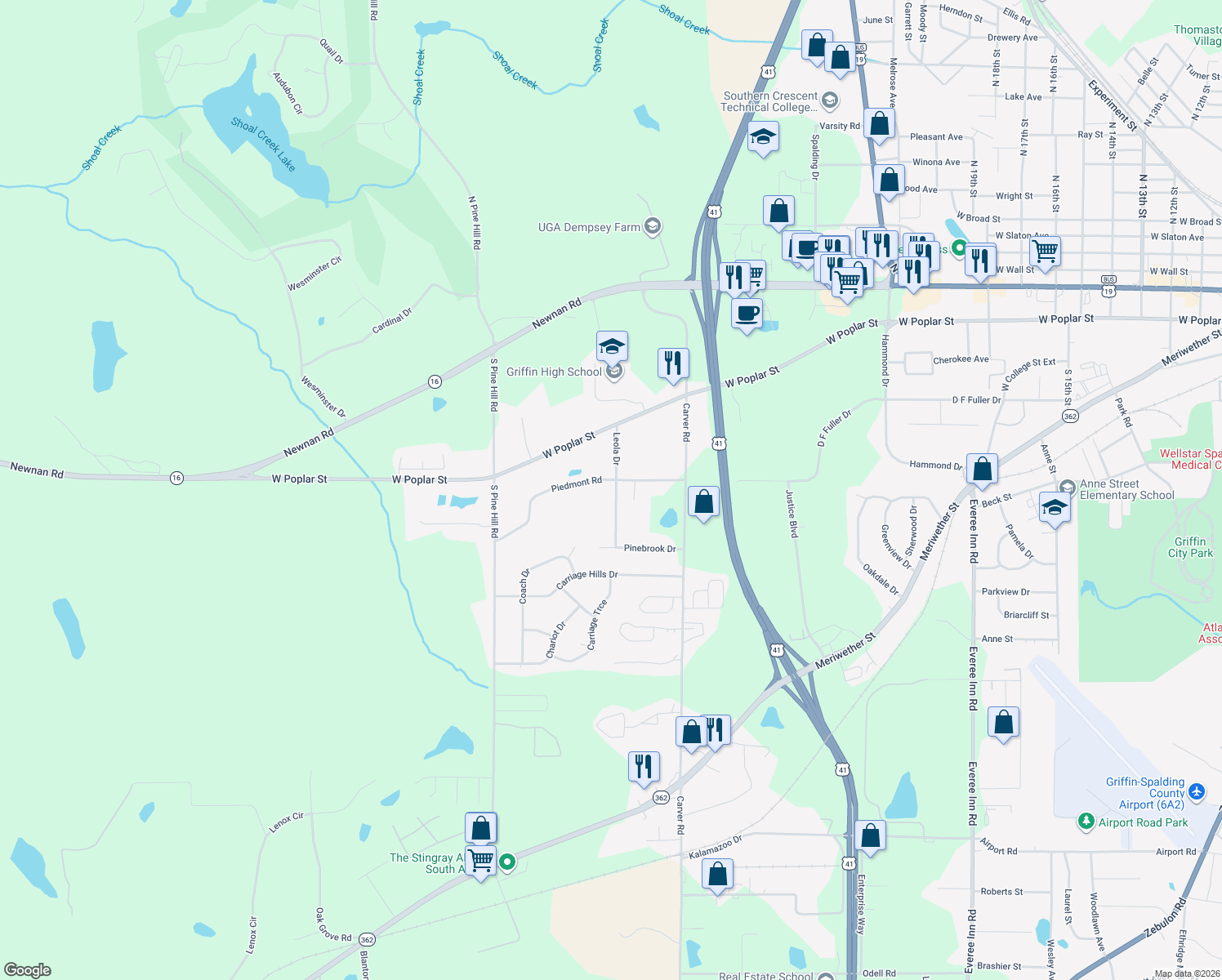map of restaurants, bars, coffee shops, grocery stores, and more near 403 Leola Drive in Griffin