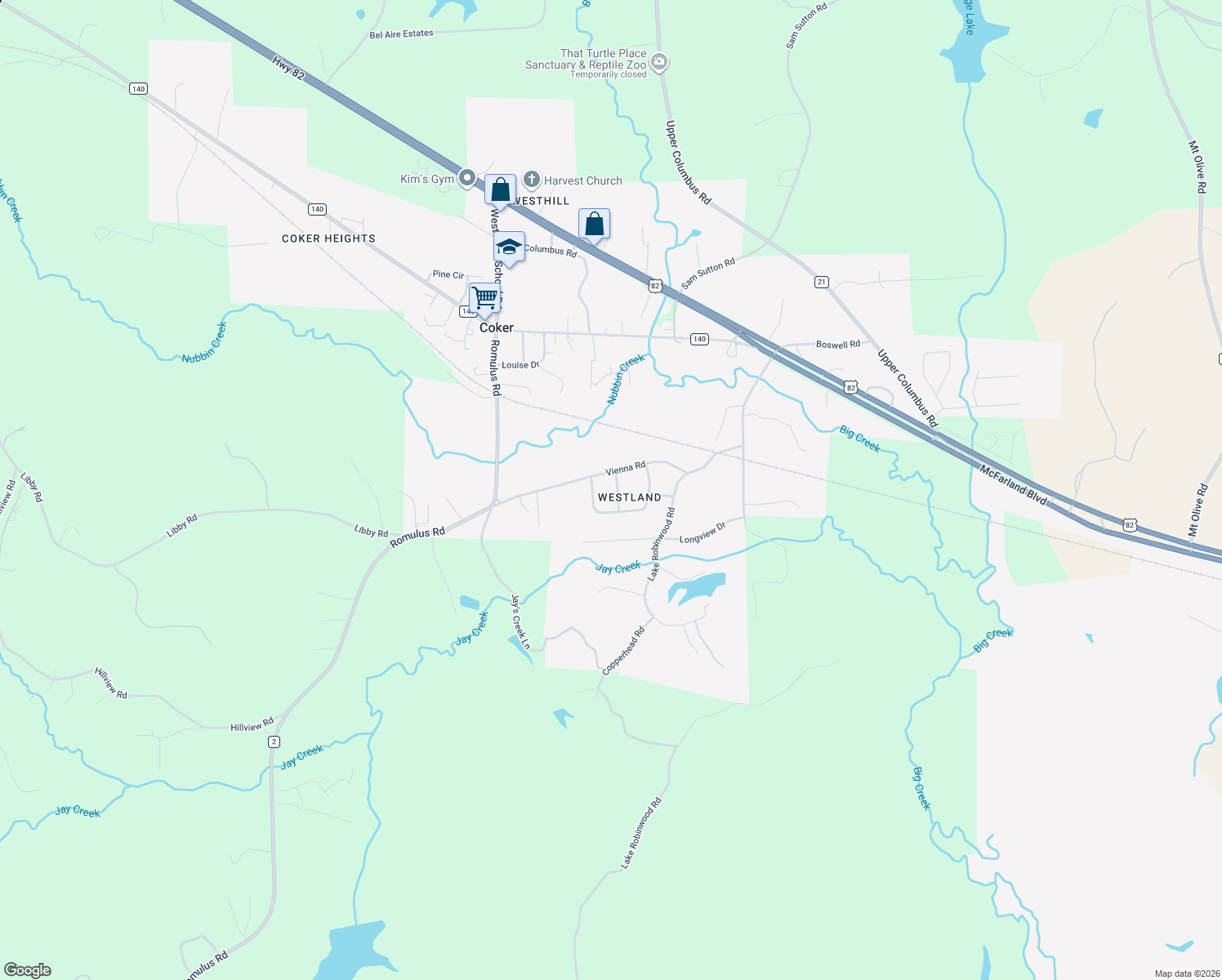 map of restaurants, bars, coffee shops, grocery stores, and more near 11308 Bramblewood Dr in Coker