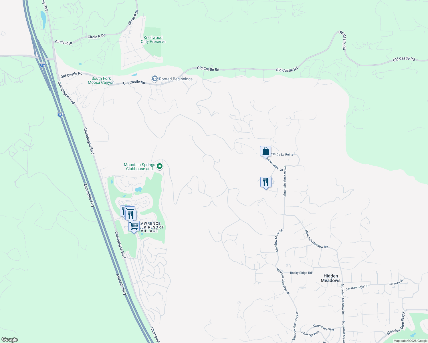 map of restaurants, bars, coffee shops, grocery stores, and more near 29472 Welk Highland Drive in Escondido