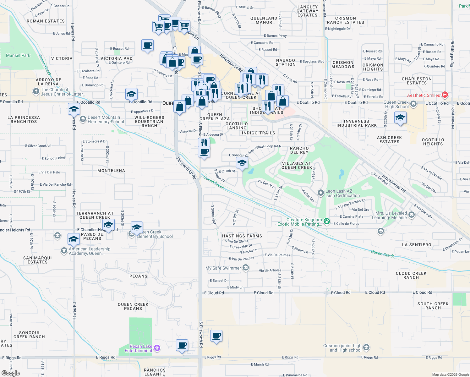map of restaurants, bars, coffee shops, grocery stores, and more near 23044 South 208th Street in Queen Creek