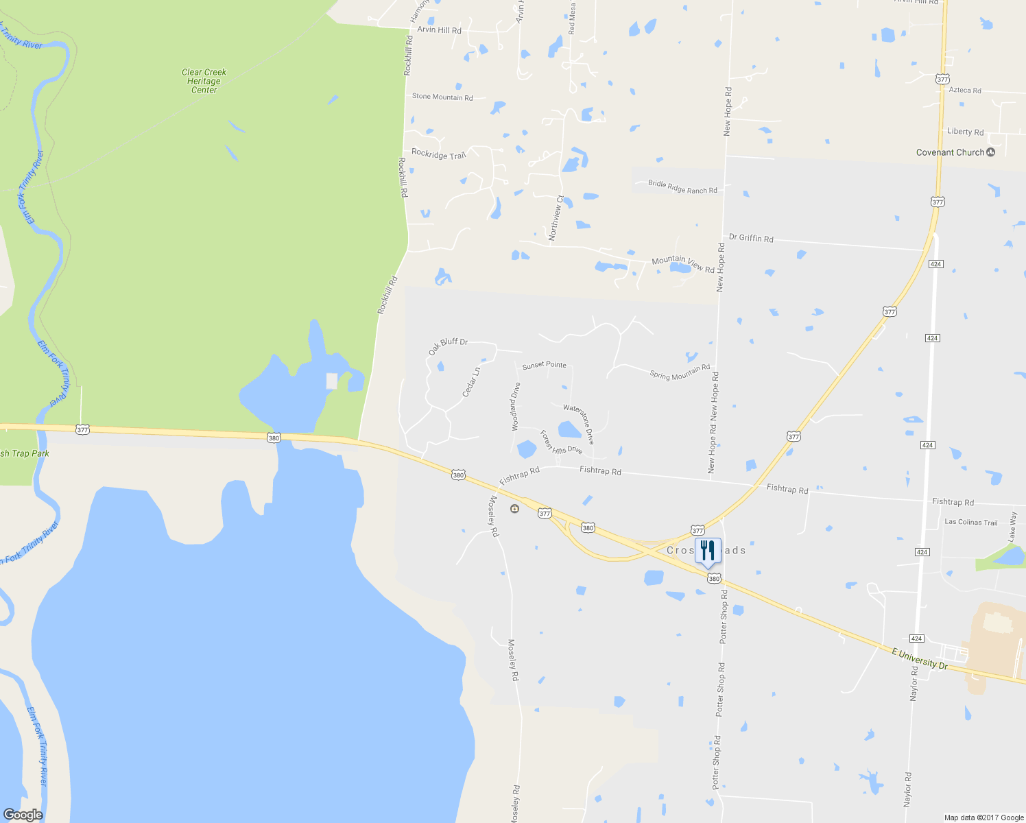 map of restaurants, bars, coffee shops, grocery stores, and more near 1265 Woodland Drive in Cross Roads